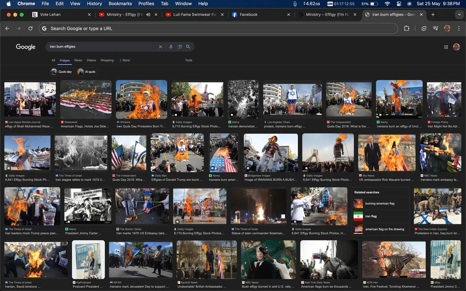 This image is a screenshot of a Google image search results page with the query "iran burn effigies." The interface is displayed in dark mode, typical of Google's layout, with a search bar at the top and thumbnails of various images below. Each thumbnail shows scenes related to protests where effigies are being burned, likely depicting political or ideological demonstrations in Iran.
The top left image shows a group of people gathered in a public area, with an effigy on fire and smoke rising, suggesting an intense and possibly tense atmosphere. Another image portrays an effigy draped with an American flag, also engulfed in flames, highlighting political sentiments. Some images include flags and large crowds, indicating organized demonstrations. The visual content reflects moments of protest or political expression, focusing on effigy burning as a symbolic act.
The Google interface includes elements like tabs for images, videos, shopping, and more, with tools to refine the search. Above the images, there's a text line reading "Search Google or type a URL" in the search bar, and additional browser tabs are visible at the top, showing active tabs related to websites like YouTube and Facebook.