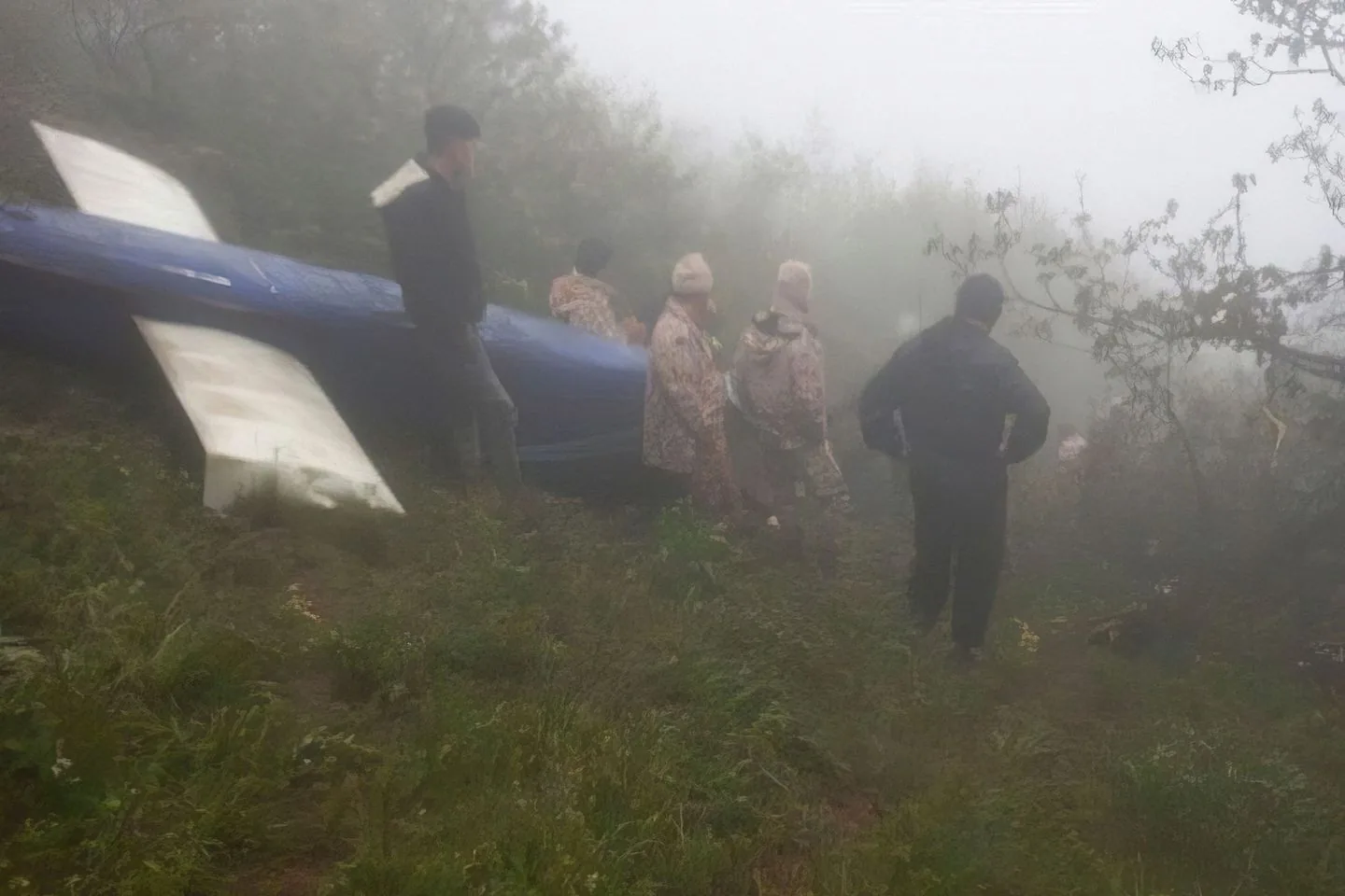The image depicts a foggy outdoor scene with a group of people gathered near a blue glider or small aircraft that appears to have crash-landed. The setting is misty, with low visibility due to the fog, creating a somber and mysterious atmosphere. The glider is positioned horizontally on the ground, with its wings visible. The group includes individuals dressed in camouflage or rain gear, suggesting preparedness for outdoor conditions. They seem to be inspecting the site, possibly assessing the situation or discussing next steps. The mood is serious, with people standing or walking around the crash site, hinting at urgency or concern.
On-screen text indicates a series of statements about launching a website, wanting friends to own a business, and the need for security. Mentioned names like Alex Marsh and Jonathan suggest involvement in a business discussion or decision-making process. The text, unrelated to the visual scene, suggests a narrative of business challenges and personal decisions.
- Title: "..."
- Channel / profile: "..."
- Site / app: "..."
- Captions / subtitles: "..."