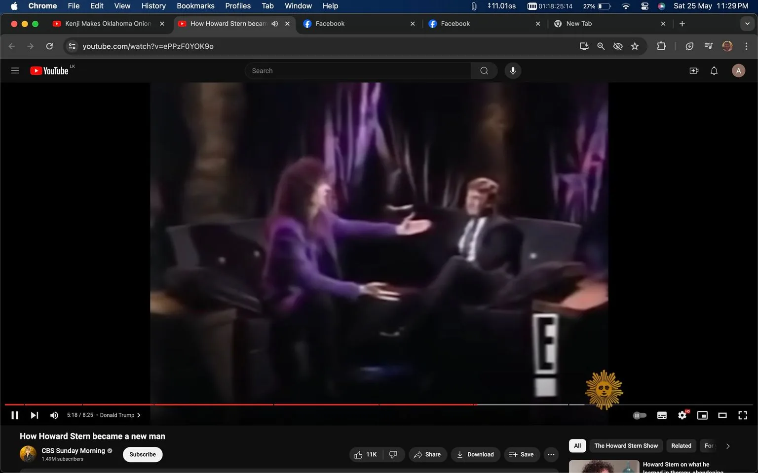 The image is a frame from a YouTube video titled "How Howard Stern became a new man." It shows a scene from an interview featuring Howard Stern and Donald Trump. The setting is a dimly lit, indoor studio environment, typical for a talk show. Howard Stern, identified by the hint, is sitting on the left, wearing a purple jacket, and gesturing towards Donald Trump, who is on the right in a black suit and tie, sitting in a relaxed posture.
The background is dark, with some purple lighting creating a dramatic effect. The logo for the E! network is partially visible at the bottom right corner. The overall mood appears casual, as both individuals are seated comfortably on a dark couch. The video is part of CBS Sunday Morning's channel on YouTube, which has 1.49 million subscribers. The user interface shows typical elements of a YouTube video page, such as like and share buttons, subscription details, and video controls.