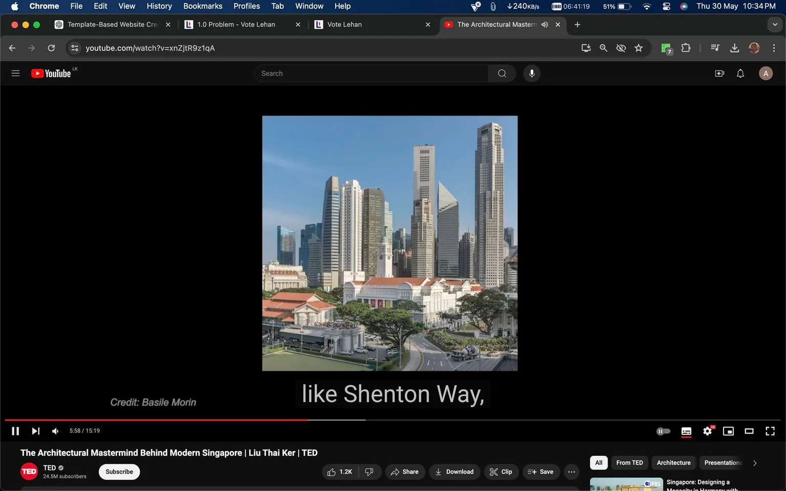 The image is a screenshot from a YouTube video titled "The Architectural Mastermind Behind Modern Singapore | Liu Thai Ker | TED," hosted on the TED channel. The video frame features a cityscape of Singapore, highlighting the modern architectural landscape with Shenton Way mentioned in the subtitles. Prominent skyscrapers dominate the skyline, showcasing a blend of contemporary designs with varied geometric shapes. In the foreground, historical buildings with red-tiled roofs and classic facades contrast with the modern structures, illustrating the blend of old and new in Singapore's urban planning. The sky is clear, suggesting a bright, sunny day. The composition emphasizes the city's dense urban environment, with tall structures forming a striking backdrop against the historical architecture. The image captures the essence of Singapore's architectural evolution, a central theme in Liu Thai Ker's work as highlighted in the video.
- Title: "The Architectural Mastermind Behind Modern Singapore | Liu Thai Ker | TED"
- Channel / profile: "TED"
- Site / app: "YouTube"
- Captions / subtitles: "like Shenton Way,"