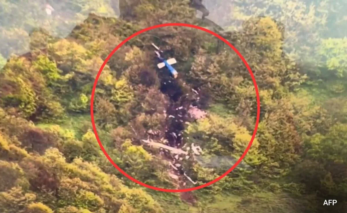 The image depicts the aftermath of a helicopter crash, with the wreckage located in a dense, forested area. The central focus of the image is the scattered debris of the helicopter, marked by a prominent red circle. The vegetation surrounding the crash site is lush and appears to be a mix of green and brown hues, indicating a natural landscape with dense foliage. The helicopter remains are visible amidst the trees, with larger pieces discernible among smaller fragments spread across the scene. The lighting in the image is natural, likely captured during daylight, enhancing the visibility of the wreckage against the earthy tones of the forest. The scene conveys a sense of isolation, with no human presence visible, emphasizing the remoteness of the crash site. The caption indicates the image is credited to AFP.