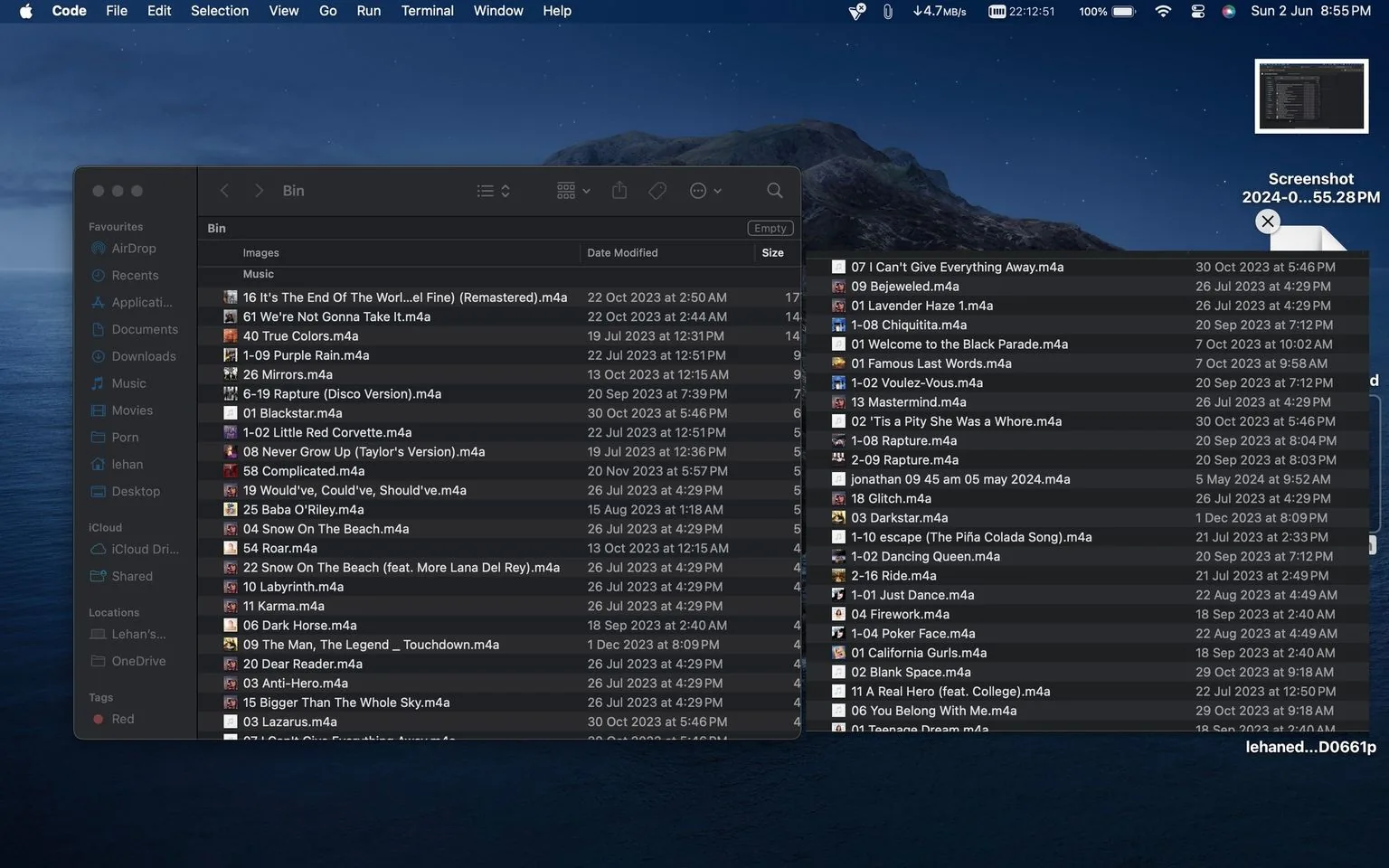 The image is a screenshot of a macOS desktop at night, displaying a Finder window. The background shows a serene night sky with a mountain silhouette. The Finder window is open to a folder named "Bin" containing a variety of music files. The files are predominantly in the ".m4a" format and display a range of song titles including "It's The End Of The World," "Purple Rain," "Never Grow Up (Taylor's Version)," and "Baba O'Riley." Each file entry shows details such as the file size and last modified date, with a column sorting feature visible that allows for organizational adjustments.
The macOS menu bar at the top shows standard icons such as Wi-Fi, battery, and time, and indicates a file transfer in progress with a download speed of 4.7 MB/s. Various folder names are listed in the sidebar, including "Applications," "Documents," and "Music." The overall composition suggests a user organizing or reviewing their music library. The dark mode theme enhances the visibility of file names and details against the night-themed wallpaper.