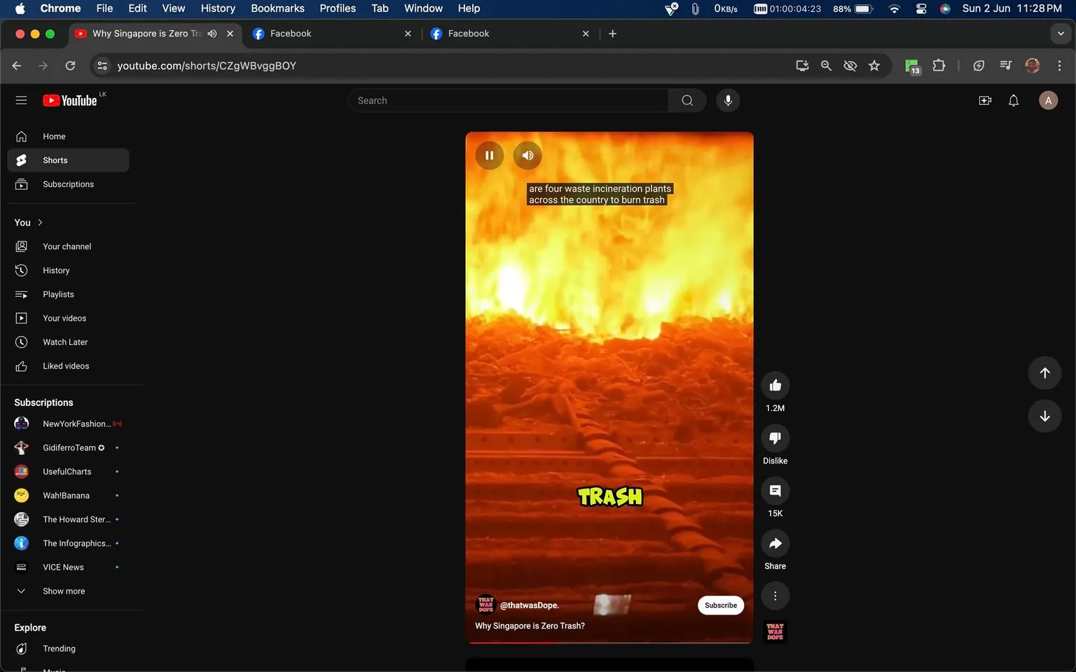 ```
The image is a screenshot from YouTube, displaying a short video titled "Why Singapore is Zero Trash?" by the channel @thatwasDope. The video is focused on waste management practices in Singapore, highlighting the existence of four waste incineration plants across the country. This is conveyed through the caption on the video that reads: "are four waste incineration plants across the country to burn trash."
The visual scene shows an intense fire, presumably from one of these incineration plants, with flames consuming piles of waste. The word "TRASH" is prominently displayed in bold yellow text towards the lower part of the image. The background is dominated by bright, intense hues of orange and yellow from the flames, creating a vivid and dramatic depiction of incineration. On the right side of the screen, there are buttons for liking, disliking, commenting, and sharing the video, typical of the YouTube interface. A subscribe button for the channel "That Was Dope." is visible, further emphasizing the video's educational focus on environmental issues.