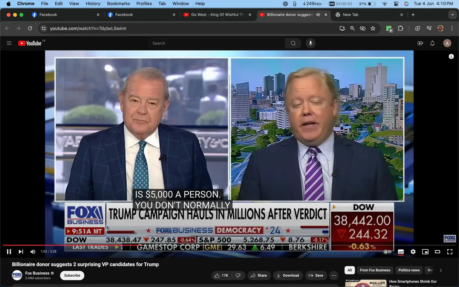 1) The image is a screenshot from a YouTube video featuring a Fox Business news segment. The segment is titled "Billionaire donor suggests 2 surprising VP candidates for Trump." The video displays a split-screen interview with two men. On the left, a man in a blue checked suit and a light blue tie is seated in a studio, appearing attentive and engaged. On the right, another man in a dark suit with a purple striped tie is speaking, set against a backdrop of a cityscape with skyscrapers and greenery.
The Fox Business logo is prominently displayed in the lower third of the screen along with a news ticker showing financial information, including the Dow Jones Industrial Average at 38,442.00, down by 244.32 points or 0.63%. Other stocks mentioned include GameStop and Berkshire. Captions at the bottom of the screen read, "IS $5,000 A PERSON. YOU DON'T NORMALLY." The overall tone is formal and informative, typical of a business news broadcast.
- Title: "Billionaire donor suggests 2 surprising VP candidates for Trump"
- Channel / profile: "Fox Business"
- Site / app: "YouTube"
- Captions / subtitles: "IS $5,000 A PERSON. YOU DON'T NORMALLY"