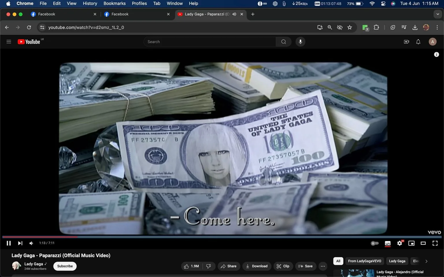 The image is a frame from the official music video for Lady Gaga's song "Paparazzi," visible on YouTube. In the scene, a creatively stylized $100 bill features an image of Lady Gaga. The bill is part of several stacks of money scattered across the setting, giving an opulent and dramatic impression. The money is accompanied by large, faceted jewel-like objects, adding a sense of luxury and extravagance to the scene. The environment is likely indoors, with a focus on wealth and fame, aligning with themes typical of Lady Gaga's work. The video frame includes subtitles reading "- Come here." The artwork on the bill replaces traditional currency with the phrase "THE UNITED STATES OF LADY GAGA," emphasizing the artist's iconic status and playful take on fame. The frame is part of a larger narrative exploring the costs and allure of celebrity life, depicted through rich visuals and thematic elements.