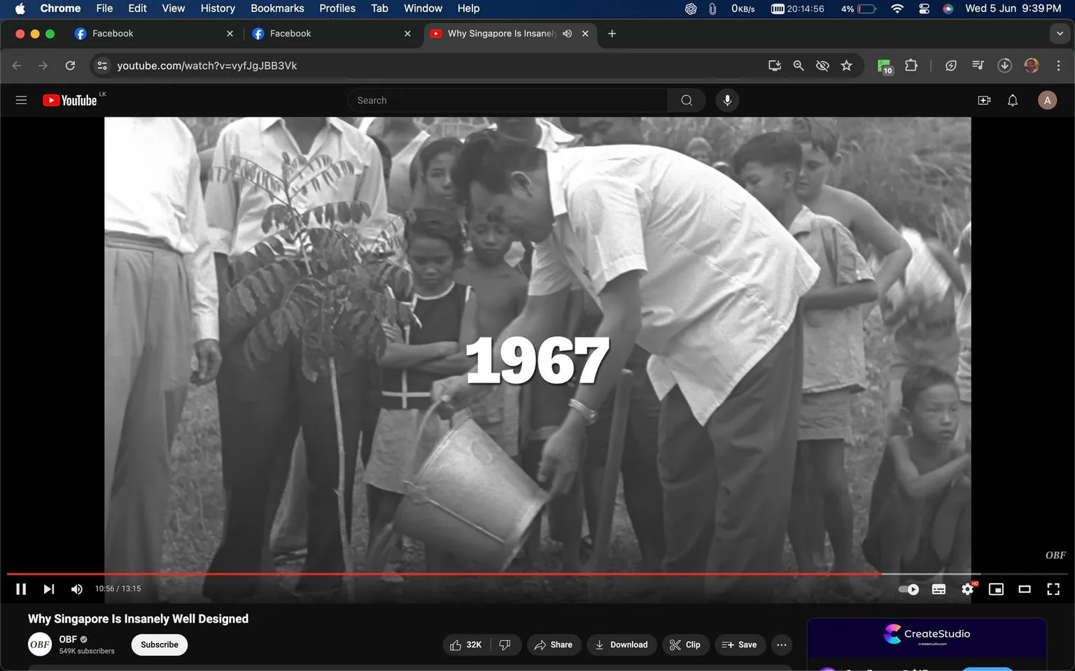 1) Rich description: The screenshot is from a YouTube video titled "Why Singapore Is Insanely Well Designed," hosted on the channel OBF. The black-and-white image captures a historical moment from 1967, depicting a group of people gathered outdoors. Central to the scene is a man in a short-sleeved shirt, bending down to water a small tree with a metal watering can. Surrounding him are several children and adults, all focused on the planting activity. The attire of the people suggests a casual setting, typical of the era. The mood is one of community and collaboration, emphasizing the act of tree planting. The image has a nostalgic and educational quality, highlighting an important aspect of Singapore's development. The number "1967" prominently displayed in white text adds a temporal context to the historical scene.
2) On-screen text block:
- Title: "Why Singapore Is Insanely Well Designed"
- Channel / profile: "OBF"
- Site / app: "YouTube"