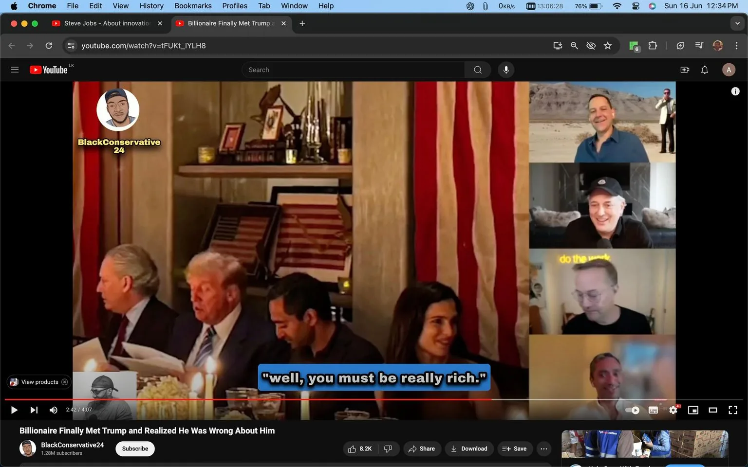 In this YouTube screenshot, the title of the video is "Billionaire Finally Met Trump and Realized He Was Wrong About Him," and it's from the channel BlackConservative24. The scene captures a dinner setting with an American flag in the background, suggesting a patriotic or formal occasion. At the table, Donald Trump is visible, known for his distinctive hairstyle and suit, engaged in a meal with several others. Candles and floral arrangements add a formal and warm ambiance to the setting.
On the right side of the screen, there are multiple smaller video call windows, which suggest a virtual discussion or reaction to the dinner event. Among the participants, Chamath Palihapitiya is included, recognized from the hint. The subtitles at the bottom of the screen read, "well, you must be really rich," indicating a conversation topic possibly related to wealth or success.
The overall tone is a mix of formal and analytical, with the video likely exploring themes of wealth, influence, and possibly changing perceptions. The presence of the American flag and formal dining elements suggests a setting of significance or importance.