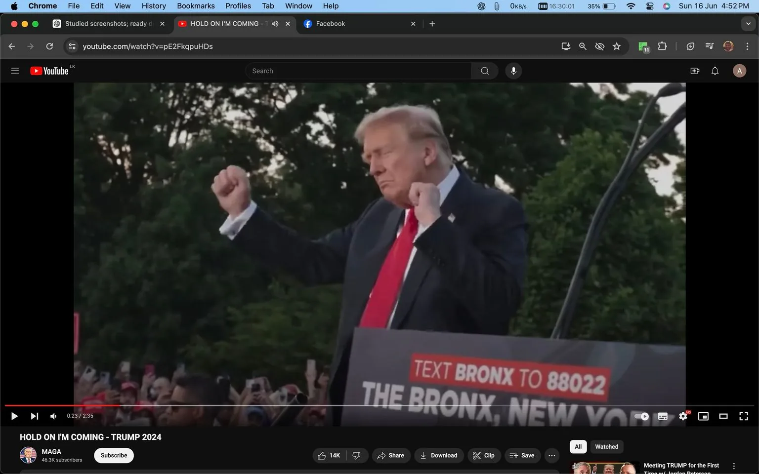 1) Rich description: The image is a screenshot from a YouTube video titled "HOLD ON I'M COMING - TRUMP 2024," hosted on the MAGA channel. It features Donald Trump appearing at an outdoor political rally. He is standing next to a podium with visible text reading "TEXT BRONX TO 88022" and "THE BRONX, NEW YOR." Donald Trump is wearing a dark suit with a white shirt and a red tie, embodying a classic political appearance. His posture is dynamic, with both fists raised in a gesture of enthusiasm or determination. The background consists of trees and a crowd of people, some holding up phones, likely to capture the moment. The scene conveys a sense of energy and public engagement, typical of a campaign event. The lighting suggests it is either late afternoon or early evening, adding a warm tone to the image.
2) On-screen text block:
- Title: "HOLD ON I'M COMING - TRUMP 2024"
- Channel / profile: "MAGA"
- Site / app: "YouTube"