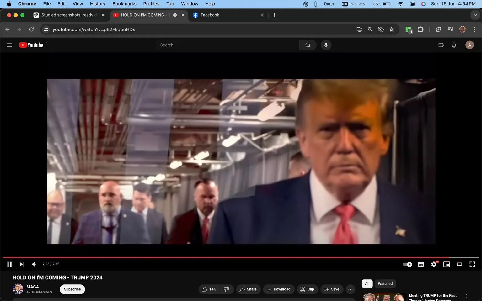 Donald Trump is prominently featured in the foreground of this YouTube screenshot, walking down what appears to be a corridor. The setting has a somewhat industrial feel, with exposed pipes visible on the ceiling. Donald Trump is wearing a dark suit, white shirt, and a red tie, exuding a serious demeanor. The background contains several other people, who are dressed in suits, suggesting a formal or official environment. The lighting is bright but neutral, illuminating the entire scene clearly. The video is titled "HOLD ON I'M COMING - TRUMP 2024," which indicates a potential political or campaign-related theme. The channel "MAGA" is hosting the video, which is likely aimed at supporters of Donald Trump. The overall composition conveys a sense of movement and purpose as Trump and the accompanying individuals proceed through the corridor.
- Title: "HOLD ON I'M COMING - TRUMP 2024"
- Channel / profile: "MAGA"
- Site / app: "YouTube"
