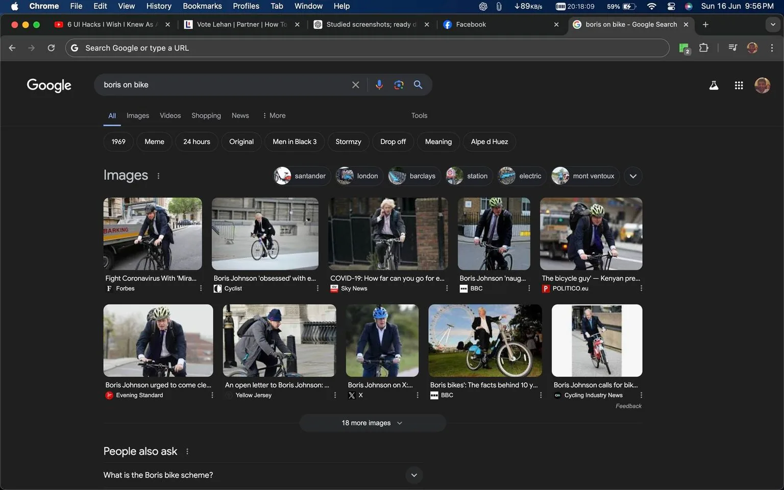 The image is a screenshot of a Google search results page. The search query is "boris on bike," and the results feature various images of Boris Johnson riding a bicycle. The webpage is viewed in a Chrome browser with a dark theme, evident in the black background of the browser window. At the top, there are browser tabs open, including "UI Hacks" and "Vote Lehan."
The images section shows thumbnails of Boris Johnson cycling in different settings. He is often seen wearing a helmet and suit, sometimes with a backpack. Each image includes a brief caption or source underneath, such as "Forbes" or "Sky News." The search results page also includes related topic buttons like "santander," "london," and "electric."
Below the images, there is a "People also ask" section, with a visible question about the "Boris bike scheme." The browser's toolbar displays icons for bookmarks, extensions, and other browser functionalities. The screenshot captures a moment during the evening, as indicated by the time displayed in the upper right corner.