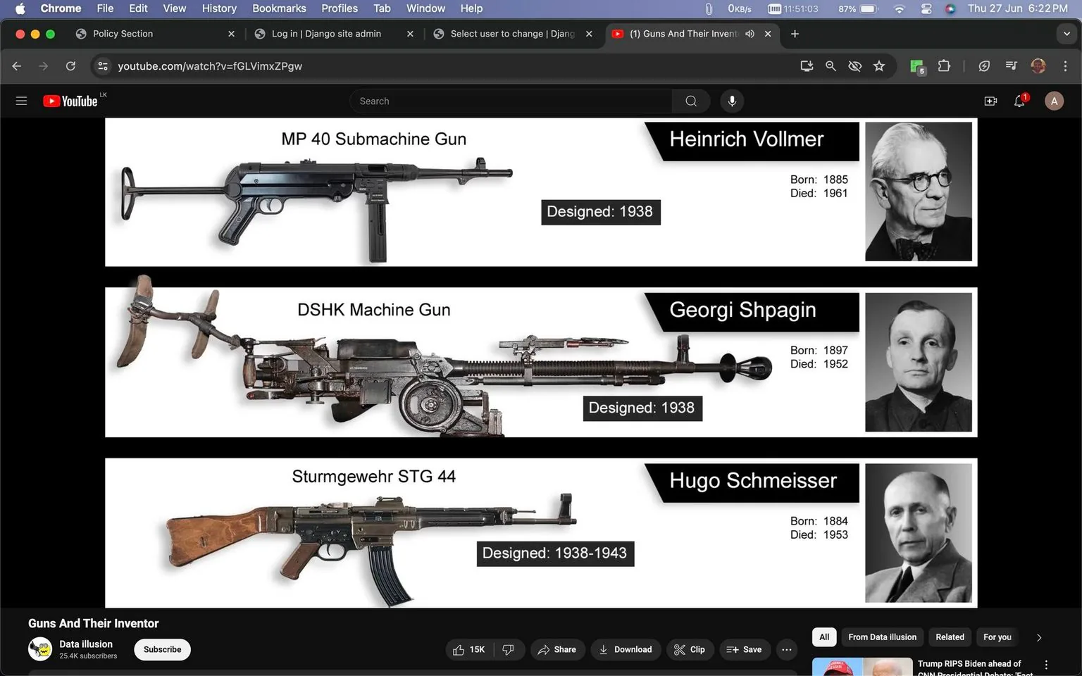 The image is a screenshot from a YouTube video titled "Guns And Their Inventor," displayed on the channel "Data illusion." It features a collage of images about firearms and their designers. At the top is the MP 40 Submachine Gun, designed in 1938 by Heinrich Vollmer, whose photograph and lifespan (1885-1961) are shown alongside. The gun is sleek and black, typical of mid-20th-century military design.
Below, the DSHK Machine Gun is featured, designed by Georgi Shpagin in 1938. Shpagin's portrait accompanies the gun, and his birth and death years (1897-1952) are listed. The gun itself is robust with a large barrel, characteristic of heavy machine guns from that era.
At the bottom, the Sturmgewehr STG 44 is displayed, designed between 1938 and 1943 by Hugo Schmeisser. His photo and years (1884-1953) are also present. This gun is notable for its wooden stock and long magazine, a precursor to modern assault rifles.
The screenshot is informative, with a clear layout and a focus on historical weaponry, emphasizing the inventors alongside their creations.
