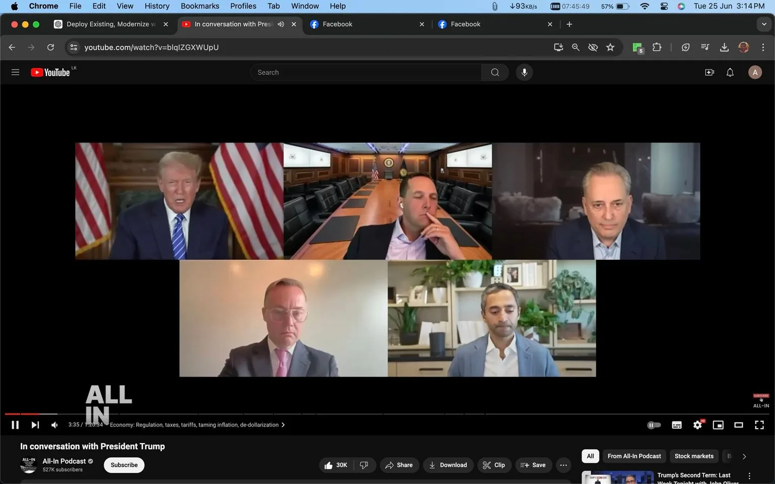 The screenshot captures a virtual meeting featuring multiple participants in a video call format. The title of the video is "In conversation with President Trump," and it is hosted on the All-In Podcast channel on YouTube. The screen is divided into several sections, with each participant appearing in their own video window.
In the top left corner is a man who appears to be speaking, identified in the hint as Trump. He is dressed in a blue suit and tie, seated against a backdrop of two American flags, suggesting a formal setting. Next to him, in the top right, is David Sacks, as named in the hint, appearing thoughtful with his hand on his face, seated in a virtual background resembling a boardroom.
Below, on the right, is Chamath, also identified by the hint. He appears relaxed, seated in a well-decorated office with plants and shelves in the background. In the bottom left, another participant is visible, wearing glasses and a suit, but not named in the hint. The overall mood of the screenshot is formal and professional, indicative of a structured discussion or interview format. The layout and presentation are typical of a podcast or an online discussion panel.