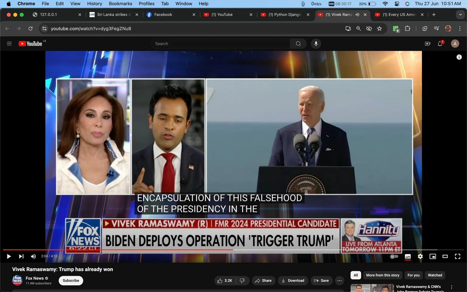The image is a video frame from a Fox News broadcast, titled "Vivek Ramaswamy: Trump has already won," featured on YouTube. It is a split-screen format showing three individuals: Vivek Ramaswamy, a news anchor, and Joe Biden. The left part of the screen shows the news anchor, who is wearing a white outfit with blue accents, appearing attentive and focused. In the middle, Vivek Ramaswamy is shown in a suit with a red tie, gesturing with his hand as if making a point during an interview. On the right, Joe Biden is at a podium, speaking in an outdoor setting with a body of water in the background, suggesting a formal event or speech. He is dressed in a dark suit with a tie, speaking into multiple microphones. The broadcast banner at the bottom reads, "BIDEN DEPLOYS OPERATION 'TRIGGER TRUMP,'" indicating a discussion topic on the news show. The style and colors are typical of a news broadcast, with vivid blues and whites, and the lighting is bright and clear, emphasizing the professional and serious tone of the segment.
- Title: "Vivek Ramaswamy: Trump has already won"
- Channel / profile: "Fox News"
- Site / app: "YouTube"
- Captions / subtitles: "ENCAPSULATION OF THIS FALSEHOOD OF THE PRESIDENCY IN THE"