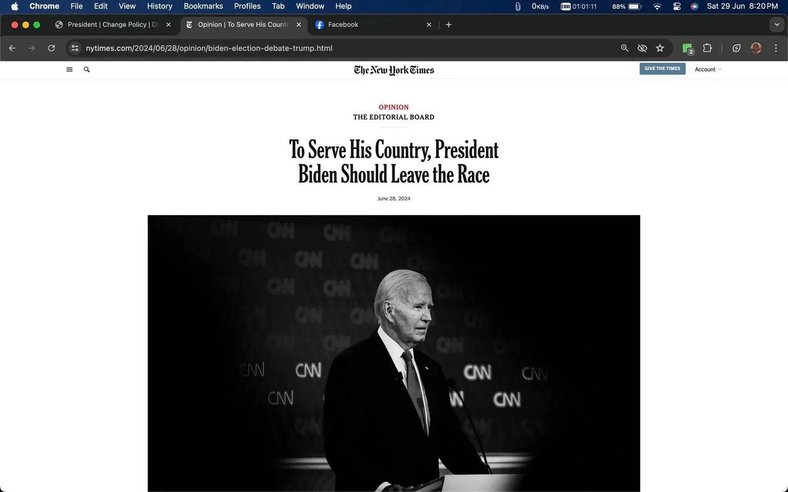 1) This image is a screenshot from an article on The New York Times website. The headline reads, "To Serve His Country, President Biden Should Leave the Race," dated June 28, 2024. Below this, there is a black and white photograph featuring President Biden at what appears to be a political event or debate. He is standing behind a podium, wearing a dark suit and tie. The background prominently displays the CNN logo, suggesting a televised event or debate hosted by the network. The focus on President Biden conveys a serious and contemplative mood, possibly reflecting the gravity of the article's subject. The image is framed in a way that highlights President Biden's presence and expression during the event, with lighting emphasizing his features against the dark backdrop.
2) On-screen text block:
- Title: "To Serve His Country, President Biden Should Leave the Race"
- Site / app: "The New York Times"