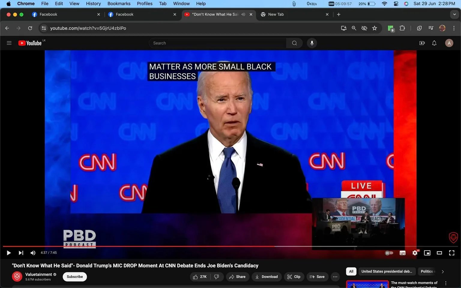 The image is a screenshot from a YouTube video titled "Don't Know What He Said - Donald Trump's MIC DROP Moment At CNN Debate Ends Joe Biden's Candidacy," from the channel Valuetainment. The scene features Joe Biden during a CNN debate, with the CNN logo prominently displayed in the background. The setting is indoors, with a focus on political discourse, as indicated by the podium and microphone setup. Joe Biden is dressed in a formal suit with a blue tie, standing at a podium during the event.
The screen includes captions that read "MATTER AS MORE SMALL BLACK BUSINESSES," suggesting an ongoing conversation about economic issues. The image also features on-screen text such as "CNN," "LIVE," and "PBD PODCAST," signifying a live broadcast or recording of a discussion. In the bottom-right corner, a small inset shows a secondary scene related to the main event, featuring what appears to be a panel discussion with images of political figures, including Donald Trump, as suggested by the video's title.
