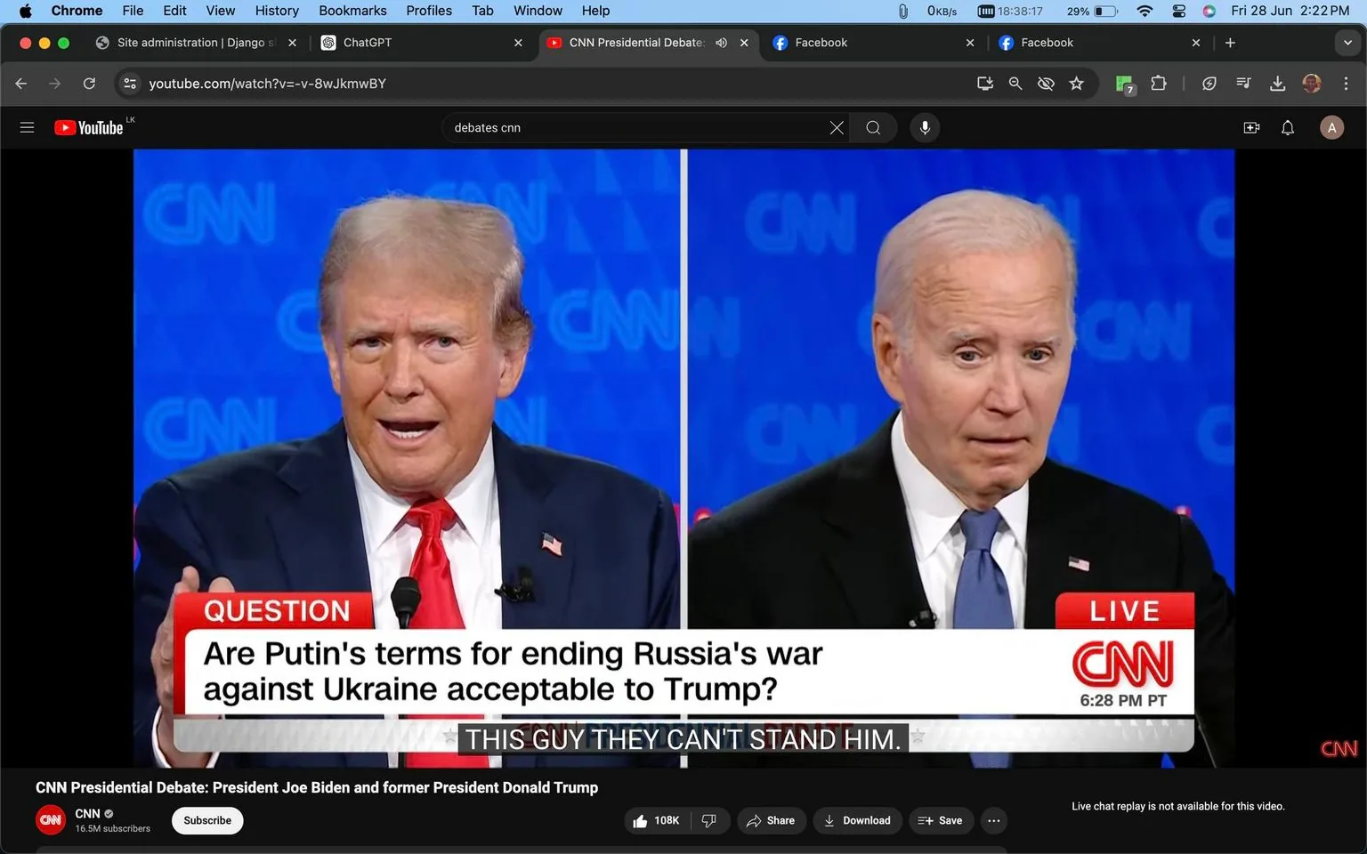 In this screenshot, the scene depicts a split-screen broadcast featuring President Joe Biden and former President Donald Trump during a CNN Presidential Debate. The image is from a video on YouTube, titled "CNN Presidential Debate: President Joe Biden and former President Donald Trump," and is published by CNN. The setting is a studio with a backdrop featuring the CNN logo in blue, providing a formal and professional atmosphere typical of a televised political debate.
On the left side, Donald Trump is shown speaking, wearing a dark suit with a white shirt and a bright red tie. His expression is animated, suggesting he is making a point during the discussion. On the right side, Joe Biden is shown, also in a dark suit, but with a white shirt and a blue tie. Biden's expression is more contemplative, indicating he is listening or preparing to respond.
The on-screen text at the bottom presents a question: "Are Putin's terms for ending Russia's war against Ukraine acceptable to Trump?" This suggests the debate topic revolves around international relations and the conflict in Ukraine. The "LIVE" marker and timestamp of "6:28 PM PT" indicate the real-time nature of the event. Subtitles at the bottom read, "THIS GUY THEY CAN'T STAND HIM," capturing a moment of spoken dialogue, though its context is unclear without additional audio. Overall, the image captures a significant moment in a political debate, highlighting the contrasting expressions and attire of the two figures involved.