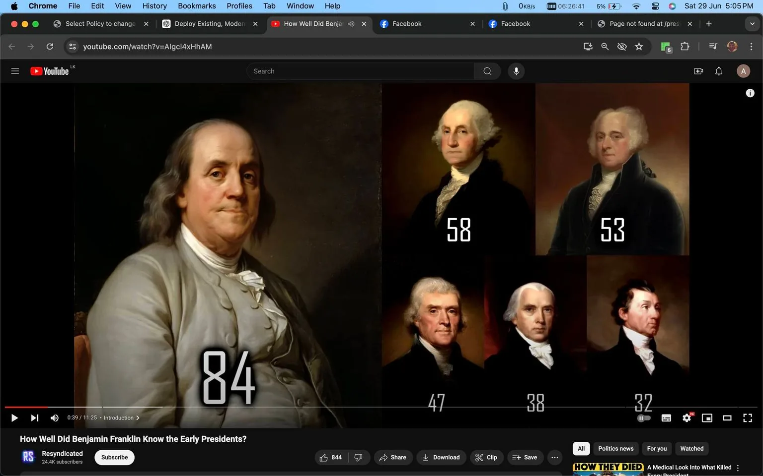 The image is a YouTube screenshot from the video titled "How Well Did Benjamin Franklin Know the Early Presidents?" by the channel Resyndicated. It features a montage of portraits of historical figures, presumably early American presidents. On the left, a portrait of Benjamin Franklin is prominently displayed, with the number "84" overlaying it, indicating his age or possibly a related statistic. The right side of the image shows smaller portraits of five other figures, each with a number overlay: "58," "53," "47," "38," and "32." These numbers likely refer to their ages or another related measure. The portraits have a classical style with realistic detail, typical of historical paintings. The background is dark, highlighting the figures' expressions and attire. The YouTube interface, including the video progress bar, is visible at the bottom of the image, with options for liking, sharing, and downloading the video.
