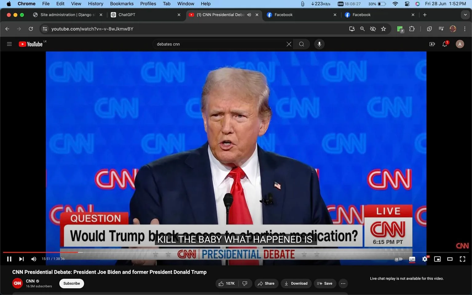 The image is a screenshot from a YouTube video featuring a CNN Presidential Debate involving former President Donald Trump. He is seen speaking during the debate, standing at a podium with a microphone. Trump is wearing a dark suit, a white shirt, and a red tie, with an American flag pin on his lapel. The debate takes place indoors, with a CNN backdrop featuring the network's logo in blue. The atmosphere is serious, reflecting the political nature of the event.
On the lower part of the screen, there is a question displayed: "Would Trump block access to abortion medication?" This question is part of the debate topic being discussed. The captions at the bottom read "KILL THE BABY WHAT HAPPENED IS," indicating a segment of Trump's speech, though it appears out of context here.
In the YouTube interface, the video title is visible at the bottom, along with the CNN channel name. The video has a notable count of likes, suggesting viewer engagement. Overall, the scene captures a critical moment in a political debate aired by CNN, focusing on key issues being addressed by the participants.