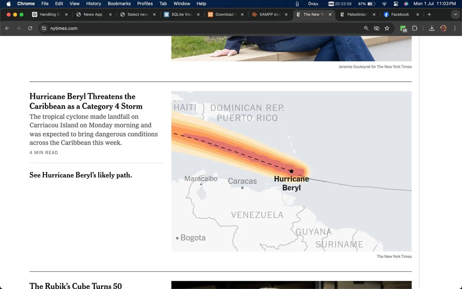 The screenshot shows a webpage from The New York Times with a headline about Hurricane Beryl threatening the Caribbean as a Category 4 storm. The article mentions that the cyclone made landfall on Carriacou Island and was expected to cause dangerous conditions across the region. A map on the right displays the path of Hurricane Beryl, highlighted in a gradient from red to yellow, indicating the hurricane's likely trajectory. The map covers parts of the Caribbean, including areas such as Haiti, the Dominican Republic, and Puerto Rico, with Maracaibo and Caracas near the path. The image is part of a news article, with the layout typical of an online news site, featuring text and a prominent visual representation of the storm's path. The overall tone is informative, intending to alert and inform readers about the impending weather conditions.