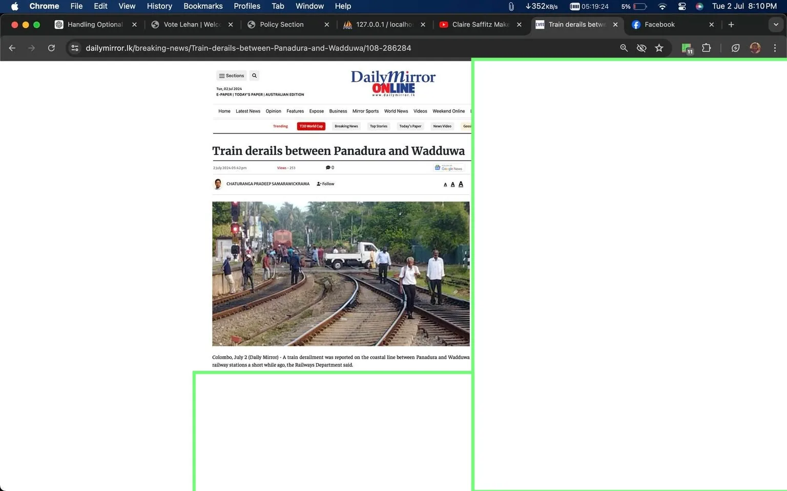 The screenshot is from the "Daily Mirror Online" website, featuring an article titled "Train derails between Panadura and Wadduwa." The headline is prominently displayed at the top of the page, followed by the author's name, Chaturanga Pradeep Samarawickrama. The article covers a recent train derailment on the coastal railway line between Panadura and Wadduwa, as reported by the Railways Department.
In the image, a group of people is gathered around the railway tracks, indicating an accident scene. Some individuals appear to be railway workers or officials, possibly assessing the situation or managing the crowd. The environment is outdoors, with lush greenery and palm trees visible in the background, typical of a coastal region. The tracks are prominently visible, and a train engine or carriage is seen further down the line. The mood seems tense and focused, as people are likely addressing the incident's aftermath. The lighting suggests it's daytime, offering clear visibility of the scene.