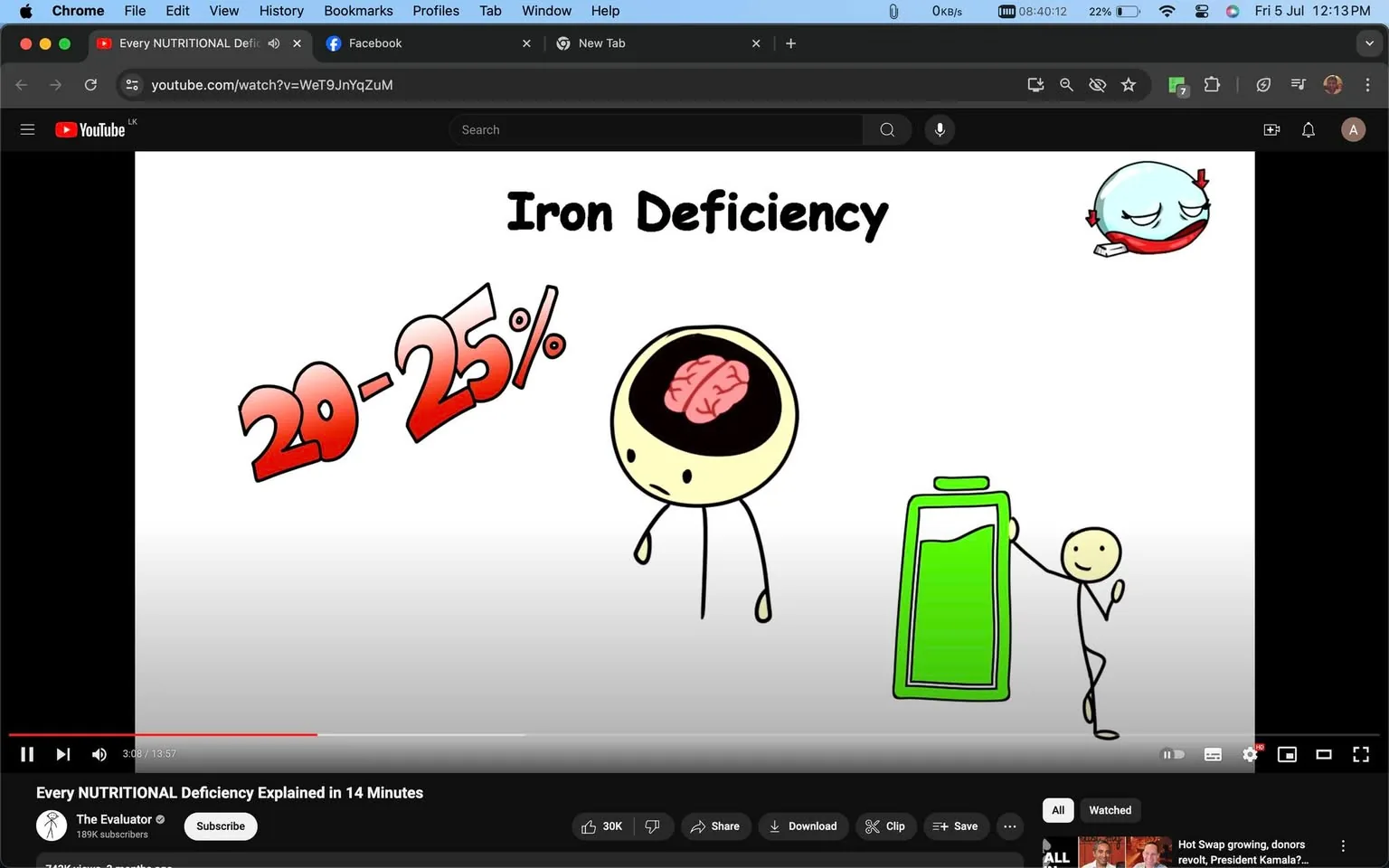 This image is a screenshot from a YouTube video titled "Every NUTRITIONAL Deficiency Explained in 14 Minutes" by the channel "The Evaluator." The illustration focuses on iron deficiency and presents information in a simplified, animated style. The central text "Iron Deficiency" is prominently displayed at the top, suggesting the topic being discussed. Below, the percentage "20-25%" is highlighted in bold red, likely indicating a statistic related to the prevalence or impact of iron deficiency.
In the illustration, a simplistic character with a visible brain inside its head appears to be tired or lacking energy, which may symbolize the effects of iron deficiency. To the right, another stick figure is cheerfully holding a large green battery, possibly representing improved energy levels when iron needs are met. The scene uses a minimalistic design with stick figures, clean lines, and primary colors, effectively conveying the message in an engaging way. The video is informative, aiming to educate viewers about nutritional deficiencies through accessible visuals and straightforward explanations.