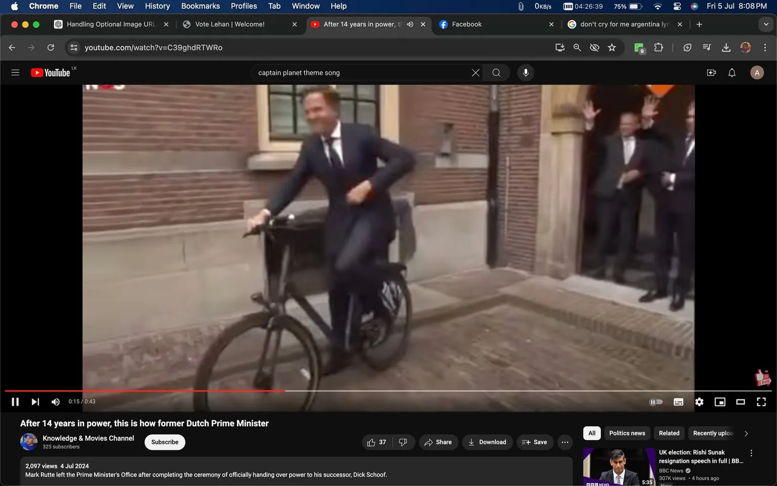 The image is a screenshot from a YouTube video titled "After 14 years in power, this is how former Dutch Prime Minister" on the "Knowledge & Movies Channel." The screenshot captures a moment where a man, identified in the hint as Mark Rutte, is seen riding a bicycle. He is dressed in a formal suit, suggesting a business or official setting. The background features a brick building with a window, indicating an urban or governmental location. Another man, possibly part of a farewell gathering, is seen waving in the doorway, adding a friendly, informal touch to the scene.
The video description notes that Mark Rutte left the Prime Minister's Office after handing over power to his successor, Dick Schoof. The atmosphere appears to be light-hearted and casual, with Rutte smiling as he departs on his bicycle. The lighting is natural, suggesting daytime, and the colors are muted, typical of European architecture. The scene captures a blend of formality and personal touch, focusing on a significant political transition in the Netherlands.
- Title: "After 14 years in power, this is how former Dutch Prime Minister"
- Channel / profile: "Knowledge & Movies Channel"
- Site / app: "YouTube"
