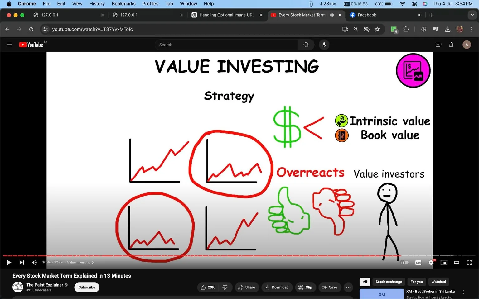 The image is a screenshot from a YouTube video titled "Every Stock Market Term Explained in 13 Minutes" by the channel "The Paint Explainer." The scene is an educational illustration on value investing, showing a simplified visual explanation. The screen displays hand-drawn graphs with fluctuating lines, suggesting stock price movements, circled in red. To the right, there are symbols representing financial concepts: a green dollar sign next to the words "Intrinsic value" and "Book value," indicating these are greater than the current price. Below, the words "Overreacts" and "Value investors" are written, with thumbs up and down illustrations, and a stick figure portraying a neutral expression. The style is informal and cartoonish, with bold colors and simple drawings, aiming to convey investment strategies in an accessible way. The browser interface is visible, confirming it is a YouTube page.