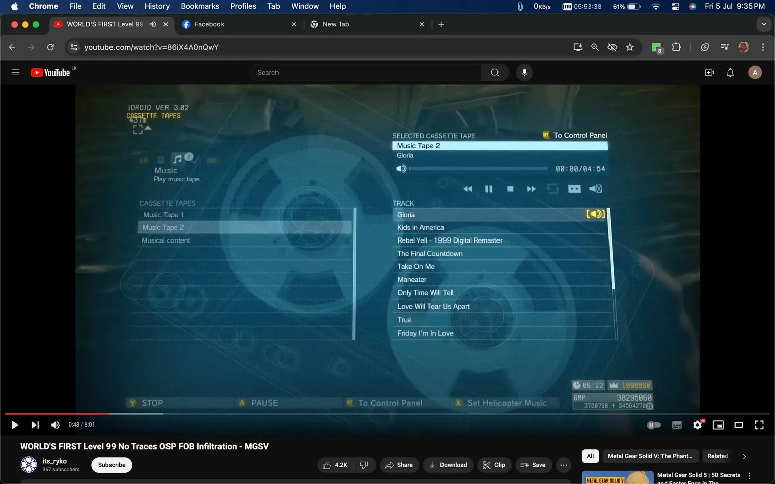 The screenshot captures a segment from a YouTube video titled "WORLD’S FIRST Level 99 No Traces OSP FOB Infiltration - MGSV" on the channel "its_ryko." The video is related to the game "Metal Gear Solid V: The Phantom Pain." The interface shown is likely from within the game, showcasing the IDROID version 3.02 and a cassette tape playlist screen. The playlist includes tracks such as "Gloria," "Kids in America," "Rebel Yell - 1999 Digital Remaster," "The Final Countdown," "Take On Me," "Maneater," "Only Time Will Tell," "Love Will Tear Us Apart," "True," and "Friday I’m In Love."
The user interface features various control options like play, pause, and track navigation, which are part of the game's music selection system. The background consists of a graphical representation resembling a cassette tape, fitting the game's retro theme. The video appears to focus on a high-level gameplay achievement in MGSV, emphasizing stealth and strategy.
- Title: "WORLD’S FIRST Level 99 No Traces OSP FOB Infiltration - MGSV"
- Channel / profile: "its_ryko"
- Site / app: "YouTube"