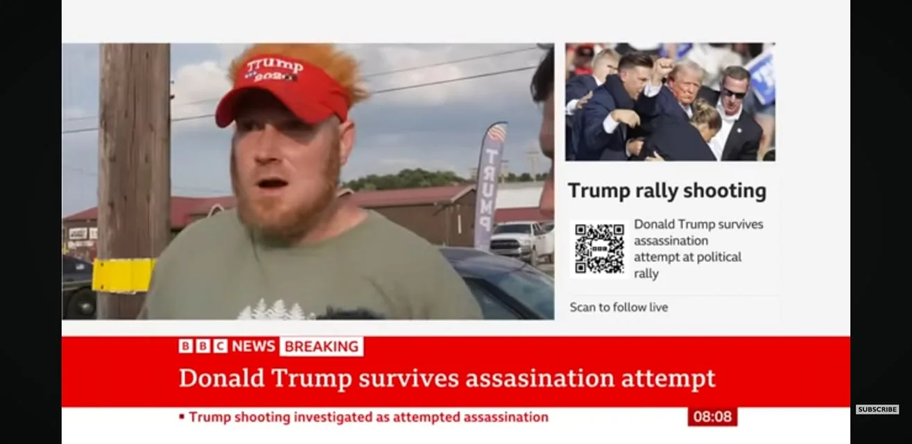 The screenshot captures a BBC News broadcast with a headline stating "Donald Trump survives assassination attempt." The left side shows a man wearing a red "Trump 2024" cap, appearing surprised or anxious, possibly giving an interview. The background features a wooden utility pole and a building with a "TRUMP" banner visible, indicating a rally setting. On the right, an image shows a chaotic scene with several men, including Donald Trump, being shielded by security personnel at what seems to be a crowded rally.
The text highlights a shooting at a Trump rally, described as an assassination attempt that Donald Trump survived. The layout includes a prominent red "BREAKING" banner, emphasizing the urgency and importance of the news. A QR code is present, offering viewers the option to follow live updates. The timestamp at the bottom right indicates the time as 08:08. The overall mood is tense, capturing the gravity of the reported event.
- Title: "Donald Trump survives assasination attempt"
- Site / app: "BBC News"