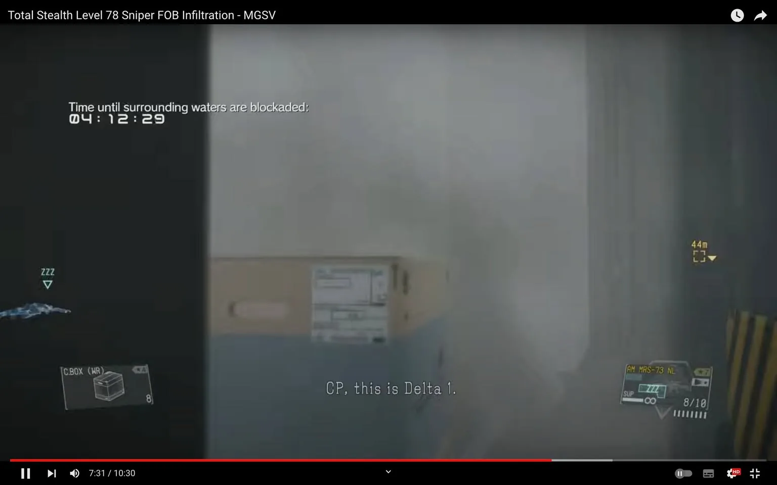 The video frame is from a gameplay video titled "Total Stealth Level 78 Sniper FOB Infiltration - MGSV," which refers to "Metal Gear Solid V," a popular stealth action video game. The scene shows an indoor setting with a cardboard box, commonly used for stealth in the game. The environment is foggy, contributing to a tense, covert atmosphere typical of stealth missions.
In the upper left corner, there's a notification indicating "Time until surrounding waters are blockaded: 04:12:29," creating a sense of urgency. The lower left shows a small icon with "ZZZ," indicating a tranquilized or sleeping enemy nearby. The bottom right displays a weapon interface with ammunition details.
Subtitles show a communication from "Delta 1" to "CP," typical of military operations. The color scheme is muted, with shades of gray and beige, enhancing the stealth aesthetic. This frame captures the essence of tactical infiltration, a hallmark of the Metal Gear series.