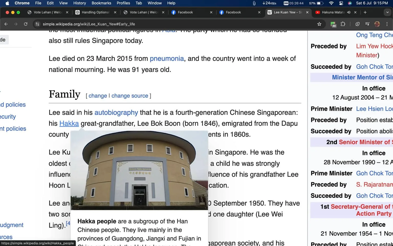 The screenshot captures a section from the Simple English Wikipedia page about Lee Kuan Yew, specifically focusing on his early life and family background. The text mentions that Lee Kuan Yew was a fourth-generation Chinese Singaporean with a Hakka great-grandfather named Lee Bok Boon, who emigrated from China in the 1860s. The screenshot includes a photo of a round building with the name "Hakka House" on it, possibly illustrating the cultural background discussed in the text. The screenshot's layout is typical of Wikipedia, with text organized into sections and subsections, and links highlighted in blue. The page title "Lee Kuan Yew - Early life" is visible at the top, and the information box on the right lists various positions held by Lee Kuan Yew, emphasizing his significant political influence. The color scheme is primarily white and blue, standard for Wikipedia's interface.