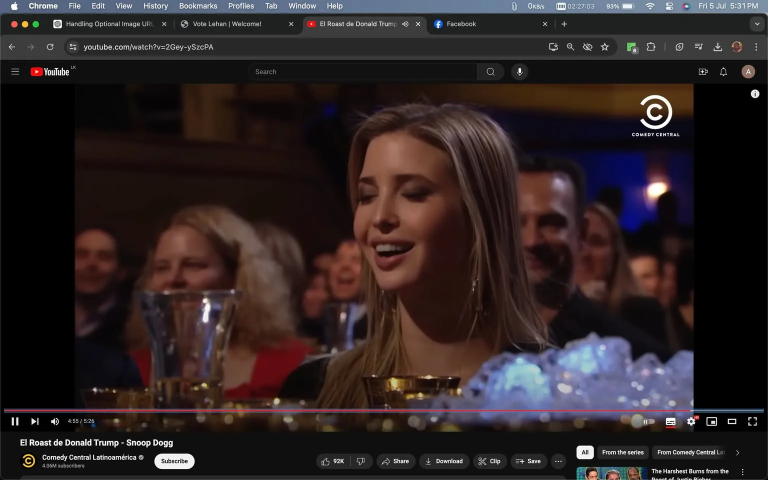 Ivanka Trump is featured prominently in this video frame from a Comedy Central production, titled "El Roast de Donald Trump - Snoop Dogg." She is seated among an audience, likely attending a comedic roast event. The setting appears to be a dark, warmly lit venue with a lively atmosphere, as suggested by the blurred audience members in the background who seem to be engaged and amused. Ivanka Trump, with long blonde hair, is wearing a stylish outfit and appears to be laughing or smiling, indicating she is reacting to something humorous on stage. In front of her is a table adorned with glasses and what looks like a decorative arrangement, possibly ice or crystal elements, adding to the formal ambiance. The Comedy Central logo is visible in the top right corner, reinforcing the comedic context. The video is hosted on YouTube by Comedy Central Latinoamérica, a channel known for its comedic content.
- Title: "El Roast de Donald Trump - Snoop Dogg"
- Channel / profile: "Comedy Central Latinoamérica"
- Site / app: "YouTube"
