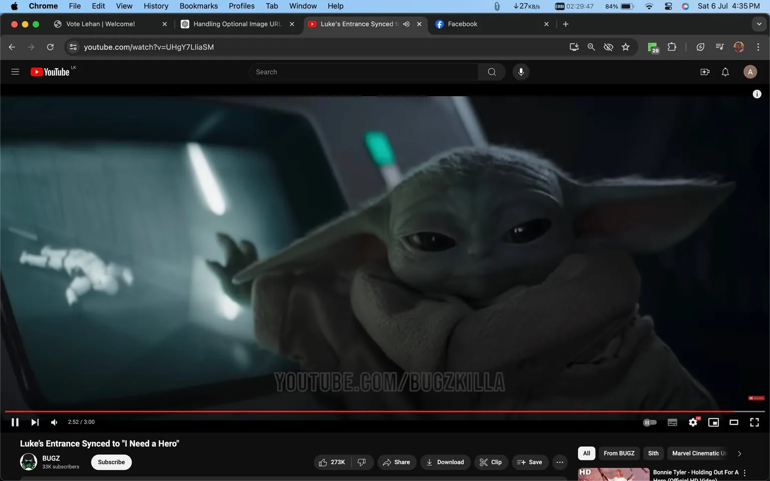 The image is a screenshot from a YouTube video titled "Luke's Entrance Synced to 'I Need a Hero'," which is featured on the channel BUGZ. The scene showcases Baby Grogu, a character from the "Star Wars" series, inside a spaceship. Grogu is positioned on the right side of the image, wrapped in a warm-looking shawl or blanket, with his large, expressive eyes and ears prominent, adding an endearing quality to the scene. His hand is extended towards the left, as if using the Force, a signature element of "Star Wars" lore.
In the background, a screen or window displays a figure lying on the floor, possibly indicating a scenario of tension or confrontation. The overall lighting is dim and atmospheric, typical of a spaceship interior, with gray and metallic tones dominating the color palette. The video on YouTube seems to explore a creative overlay of music with a well-known scene from the "Star Wars" series, adding an element of excitement and drama.
On-screen text includes the watermark "YOUTUBE.COM/BUGZKILLA" at the bottom center of the frame. The setup suggests a fan-made video combining iconic cinematic moments with popular music for enhanced entertainment.
- Title: "Luke's Entrance Synced to 'I Need a Hero'"
- Channel / profile: "BUGZ"
- Site / app: "YouTube"