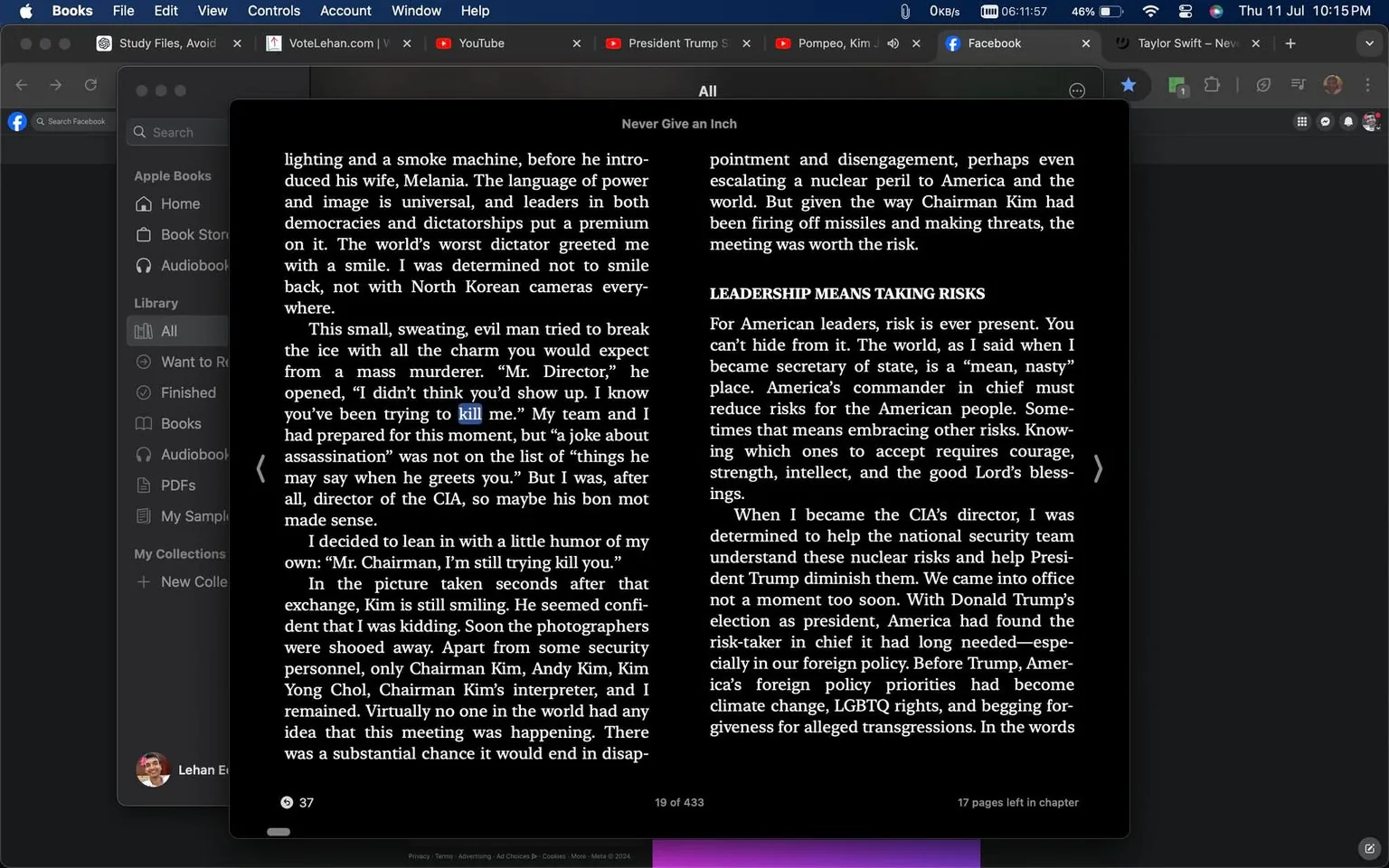 The screenshot shows a digital reading interface of Apple Books open on a MacBook. The book being displayed is "Never Give an Inch." The screen captures a section discussing leadership and political interactions. The text includes references to a meeting and the dynamics of power, mentioning "Mr. Director," and a phrase about taking risks in leadership. The page discusses a scene with references to North Korean interactions, and emphasizes themes of political strategy and the language of power. The interface indicates it is part of a 433-page book, with this excerpt being around page 19. The surrounding interface includes tabs for various apps and websites like YouTube and Facebook, suggesting a multitasking environment. The MacBook's screen shows a digital layout with a dark background, typical for night mode reading, offering a clear and immersive reading experience. The top of the screen has navigation options like "Library" and "Audiobook," indicating that this is part of a personal digital collection.