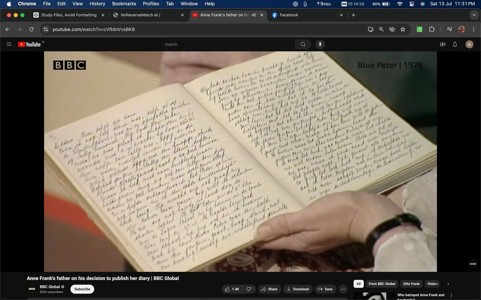 The image is a screenshot from a YouTube video titled "Anne Frank's father on his decision to publish her diary | BBC Global." It features a person holding and displaying an open diary with handwritten text. The diary is likely a representation or a discussion about Anne Frank's diary, as suggested by the video title. The hands holding the diary are positioned at the bottom right, with one hand wearing a dark wristwatch. The text is written in cursive and covers both visible pages.
The screenshot includes branding elements such as the BBC logo in the top left corner, and the text "Blue Peter | 1976" on the right, indicating the source and year of the footage. This suggests that the video might be an archival or historical piece from the BBC. The YouTube interface is visible, indicating that the video is being watched, with options to like, share, and download.
The setting appears to be an interview or documentary style, possibly focusing on historical content related to Anne Frank's life and the publication of her diary. The scene includes classic documentary elements like a focus on important historical objects and careful framing to provide a clear view of the diary's pages.