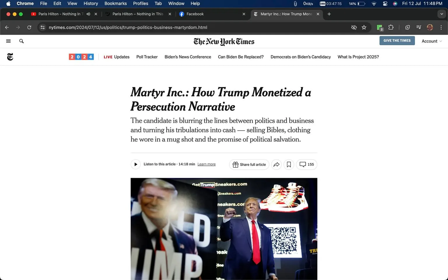The screenshot shows a webpage from The New York Times with the headline "Martyr Inc.: How Trump Monetized a Persecution Narrative." The article discusses how a political candidate, referred to as Trump, is intertwining politics and business by capitalizing on his personal challenges for financial gain. The page visually presents the title prominently at the top, followed by a brief description of the article's focus. Below the text, there's an image of a man in a suit standing next to a large display that features shoes and a QR code. The man is raising his fist, which suggests a gesture of victory or assertion. The page design is clean and organized, typical of The New York Times' online layout, with additional navigation options and interactive features such as social media sharing icons and an audio option to listen to the article. The colors are primarily white and black, with the red and blue accents typical of political content.