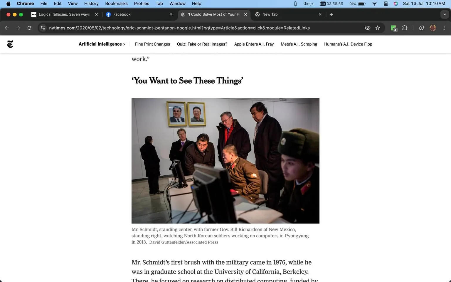 In this image, Eric Schmidt is seen standing at the center of a group, observing North Korean soldiers working on computers in a room in Pyongyang. The setting suggests a computer lab or an office, with computers placed on desks. The lighting is dim, creating a focused atmosphere. To the right of Eric Schmidt stands former Governor Bill Richardson of New Mexico. Both men are dressed in formal attire, with Eric Schmidt wearing a dark coat and glasses, and Bill Richardson in a suit and scarf. The two appear to be engaged in closely watching the activities on the monitors, indicating a serious and professional engagement. On the wall behind them are framed portraits of Korean leaders, adding a political context to the scene. The soldiers, dressed in military uniforms, are focused on their computer screens. The image captures a moment of international interest and diplomacy, highlighted by the presence of prominent figures and the setting in North Korea.
- Title: "You Want to See These Things"
- Site / app: "nytimes.com"
- Captions / subtitles: "Mr. Schmidt, standing center, with former Gov. Bill Richardson of New Mexico, standing right, watching North Korean soldiers working on computers in Pyongyang in 2013. David Guttenfelder/Associated Press"