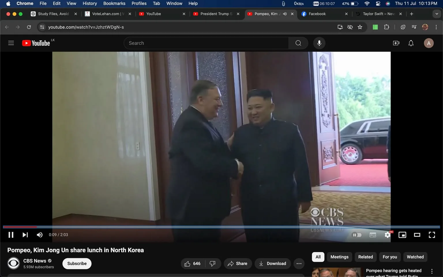 In this image, we see a moment captured from a video titled "Pompeo, Kim Jong Un share lunch in North Korea," hosted on YouTube by CBS News. The scene is indoors, depicting a formal yet friendly meeting. On the left, an individual in a dark suit shakes hands with another person on the right, who is wearing a traditional dark outfit. The two appear to be engaged in a cordial greeting, sharing a handshake and smiling warmly at each other.
The background features a doorway with ornate woodwork and a glimpse of a luxury car outside on a red carpet, suggesting a high-profile diplomatic setting. The lighting is soft, casting a warm tone across the scene. The interaction seems relaxed and informal, underlining the diplomatic nature of their meeting.
Key on-screen text includes the video title and CBS News branding, reinforcing the source of the content. The video is part of a larger report, likely discussing diplomatic relations and interactions between the individuals named in the hint: Pompeo and Kim Jong Un.