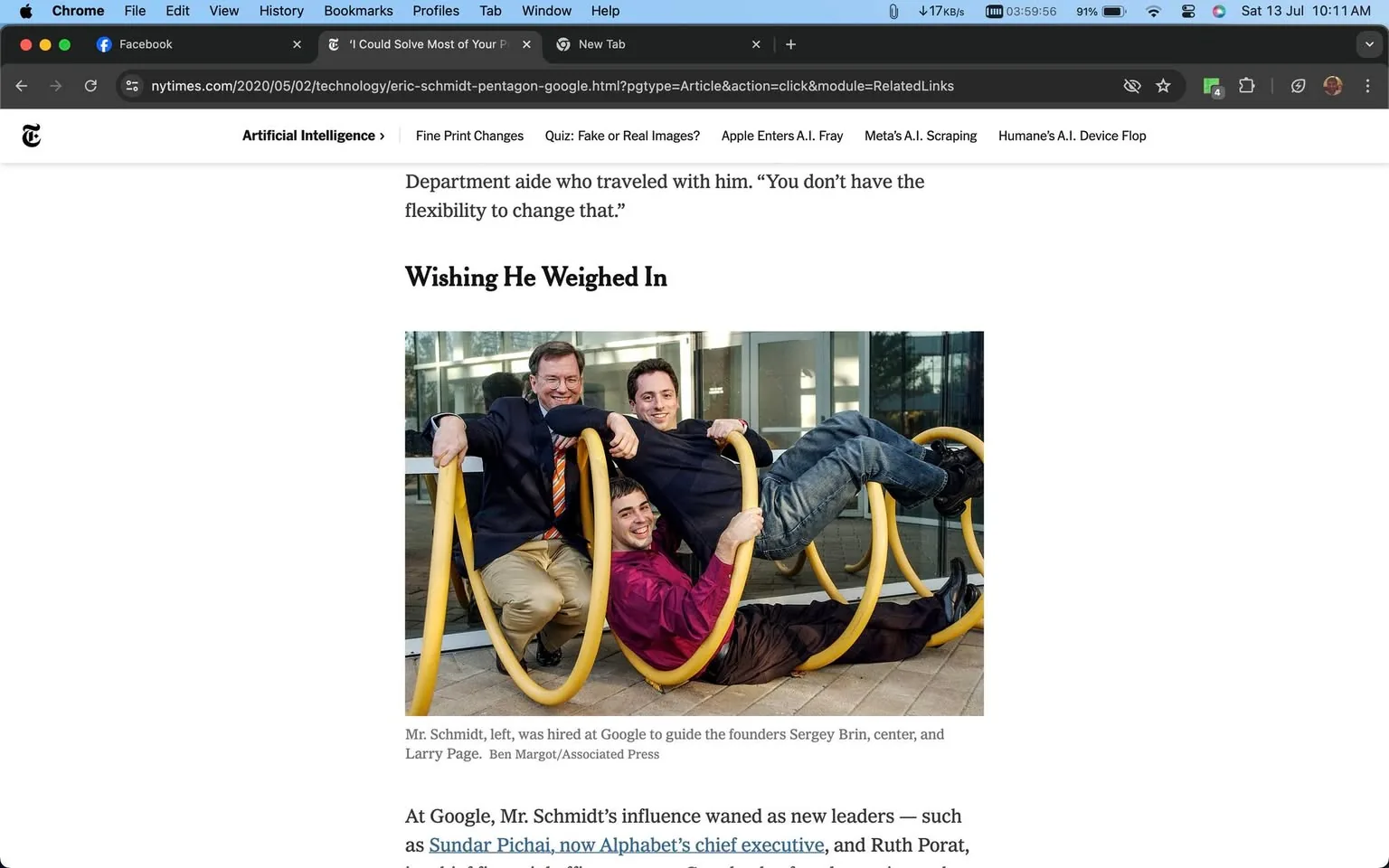 Eric Schmidt, Sergey Brin, and Larry Page are depicted in a playful outdoor setting. The scene shows Eric Schmidt on the left, dressed in a suit with a striped tie, leaning against a spiral yellow bike rack. Sergey Brin, in the center, is casually dressed in a dark jacket and jeans, playfully lying across the top of the bike rack, smiling. Larry Page is below, wearing a maroon shirt and black pants, with a joyful expression. The image conveys a sense of camaraderie and informality among the three, with a modern glass building in the background, suggesting a corporate environment. Soft natural lighting highlights the relaxed mood of the image. This playful moment captures these influential figures from Google in a lighter, less structured context. The caption notes Schmidt's role in guiding Brin and Page, underscoring the collaborative relationship they shared at Google.
- Title: "‘I Could Solve Most of Your Problems’"
- Site / app: "nytimes.com"
- Captions / subtitles: "Mr. Schmidt, left, was hired at Google to guide the founders Sergey Brin, center, and Larry Page."