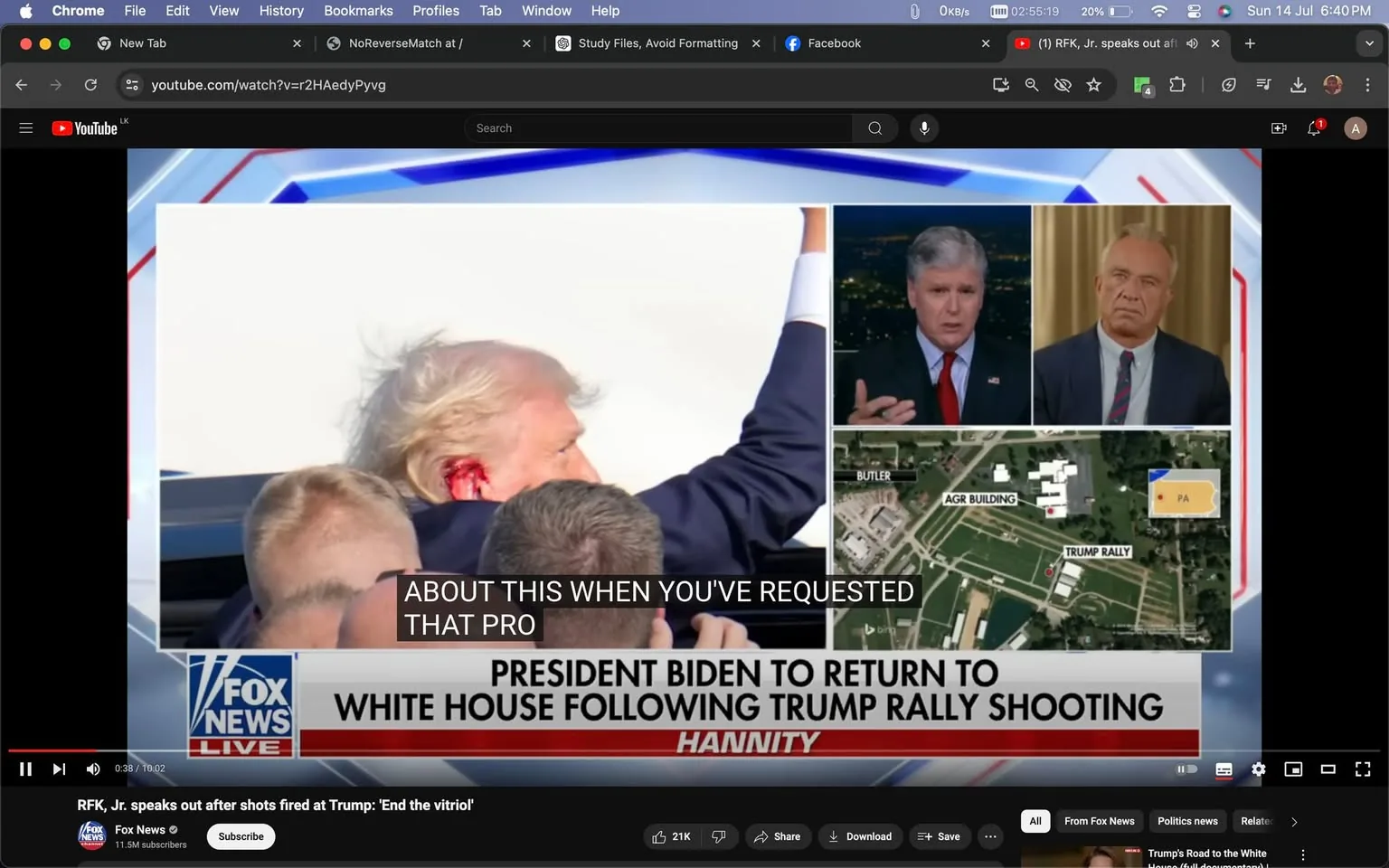 The image is a screenshot from a Fox News broadcast on YouTube titled "RFK, Jr. speaks out after shots fired at Trump: 'End the vitriol'." The screen is divided into several sections. On the left, there is a large image of Donald Trump raising his arm, with what appears to be a red mark on his head, surrounded by people. On the right, there is a split-screen with two smaller frames: one showing a news anchor speaking, and the other showing a guest who appears to be listening attentively. Below these, a map highlights a location marked as "TRUMP RALLY" with labels for "AGR BUILDING" and "BUTLER."
The bottom of the screen features an on-screen text banner reading, "PRESIDENT BIDEN TO RETURN TO WHITE HOUSE FOLLOWING TRUMP RALLY SHOOTING," indicating the context of the news. Also visible is the word "HANNITY," suggesting this is from Sean Hannity’s show on Fox News. The video title and channel are clearly from Fox News, emphasizing a political news topic involving Donald Trump and a recent incident at a rally. The setting is a typical news broadcast with a serious tone, reflecting on political events.