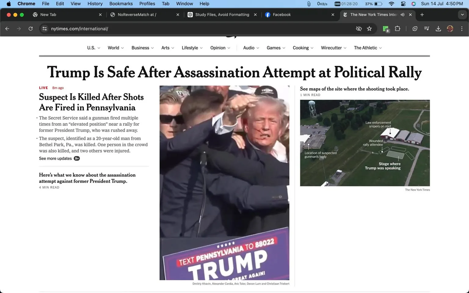 The screenshot shows a news article from the New York Times website with the headline "Trump Is Safe After Assassination Attempt at Political Rally." The article reports on an incident at a political rally in Pennsylvania involving Donald Trump, where shots were fired. The Secret Service indicated that a gunman fired from an elevated position, and the suspect, a 20-year-old man from Bethel Park, Pennsylvania, was killed. One person in the crowd died, and two others were injured.
In the image, Donald Trump is visible, surrounded by security personnel. He appears to be in a tense situation, with Secret Service agents closely guarding him. The background shows a crowd, indicating it is a public event. There is a map of the shooting site on the right, depicting positions such as law enforcement snipers on a roof and the stage where Trump was speaking. The atmosphere is urgent, emphasizing the gravity of the situation.
The text under the headline elaborates on the events, stressing the swift response of the Secret Service. The map provides a visual layout of the location, highlighting key areas involved in the incident. Overall, the screenshot conveys a dramatic and serious event impacting a high-profile political figure.
- Title: "Trump Is Safe After Assassination Attempt at Political Rally"
- Site / app: "New York Times"
- Publisher: "The New York Times"