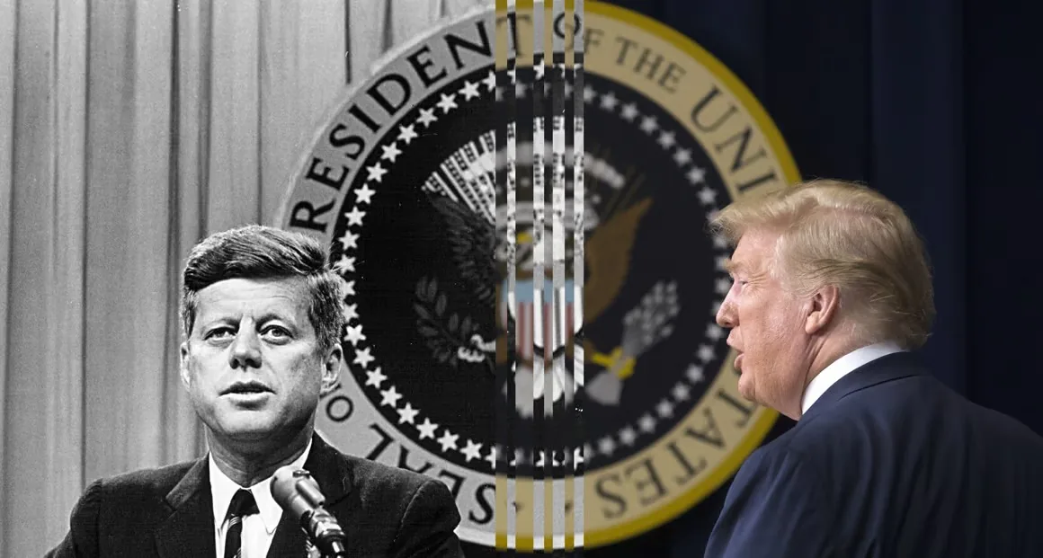 In the image, there is a split composition featuring two distinct halves. On the left side, there is a black-and-white image depicting a man speaking at a podium, set against a backdrop with the presidential seal. This side of the image conveys a historical and formal atmosphere, with the man wearing a dark suit and tie, suggesting a press conference or official announcement. On the right side, the image transitions into color, showing Donald Trump from the side, standing in front of a similar presidential seal. He is dressed in a dark suit with a white shirt, facing away from the viewer, which gives a sense of him addressing an audience or attending an event. The image uses a digital glitch effect at the center where the two halves meet, emphasizing the contrast between the two eras and figures. The overall mood reflects a comparison or connection between past and present leadership in the United States.