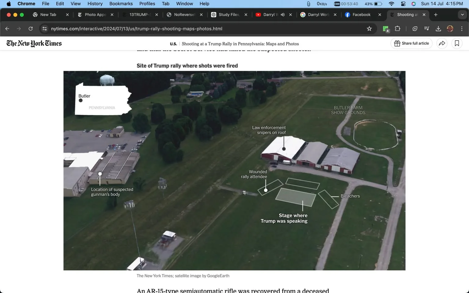 The image is an aerial view depicting the site of a Trump rally in Pennsylvania where shots were fired. It is part of an article published by The New York Times, titled "Shooting at a Trump Rally in Pennsylvania: Maps and Photos." The scene is located at the Butler Farm Show Grounds, marked clearly on the image. Various elements are annotated: the location of the suspected gunman's body is identified near a building, while a wounded rally attendee is positioned near the stage where Trump was speaking. Law enforcement snipers are noted on the roof of a nearby building, suggesting high security during the event. The image also includes pathways, open fields, and bleachers, providing context to the event’s layout. The overall setting is outdoor, with a clear view of the surrounding landscape, including trees and open space. The map-like quality of the image, along with the annotations, offers a comprehensive overview of the incident's setting.
- Title: "Shooting at a Trump Rally in Pennsylvania: Maps and Photos"
- Site / app: "nytimes.com"