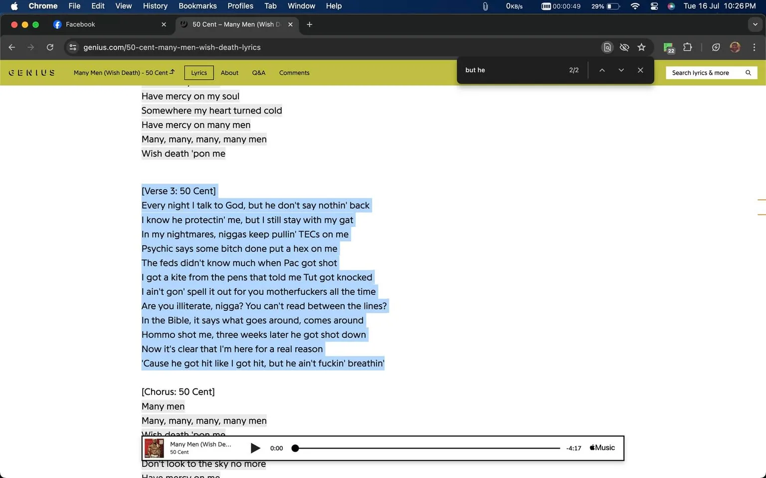{"media_type":"screenshot","site_or_app":"Genius","title_text":"50 Cent – Many Men (Wish Death) Lyrics","named_works":["Many Men (Wish Death)"],"key_ocr_lines":["[Verse 3: 50 Cent]","Every night I talk to God, but he don't say nothin' back","I know he protectin' me, but