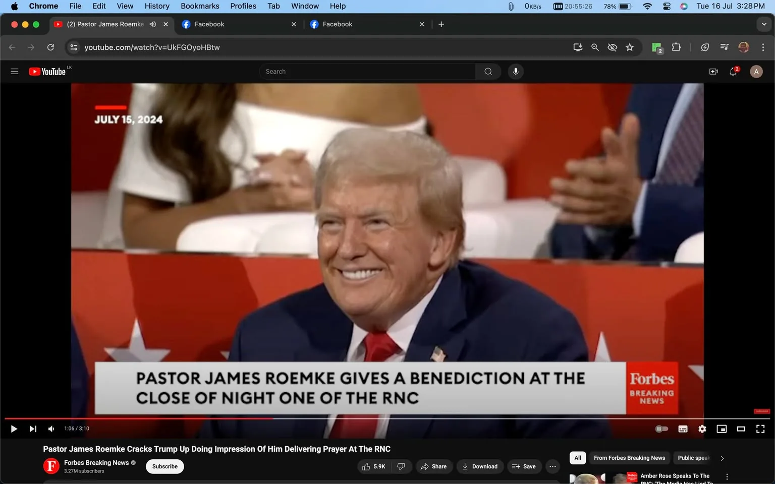 In this video frame, Donald Trump is seated in an audience setting, likely at a political event given the context provided. He is wearing a dark blue suit, white shirt, and a red tie adorned with an American flag pin. Donald Trump is smiling broadly, conveying a sense of amusement or enjoyment. The background is blurred, but it seems to show other attendees clapping, indicating a moment of approval or entertainment. The setting is clearly indoors, with a red, white, and blue color scheme that suggests a formal or patriotic event, such as the Republican National Convention (RNC).
The video player interface shows it's from YouTube, specifically from a channel called "Forbes Breaking News." The title of the video is "Pastor James Roemke Cracks Trump Up Doing Impression Of Him Delivering Prayer At The RNC," suggesting that the content involves a humorous impression that amused Donald Trump. The on-screen text at the bottom reads, "PASTOR JAMES ROEMKE GIVES A BENEDICTION AT THE CLOSE OF NIGHT ONE OF THE RNC," indicating the context of the event being the first night of the RNC. The visual elements, including the colors and setting, align with a high-profile political gathering.
