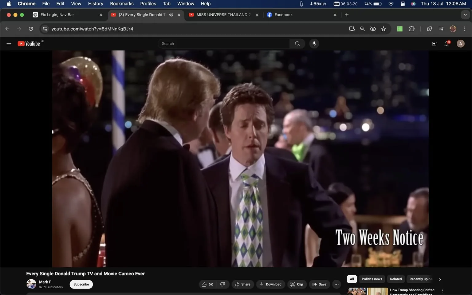 The image is a screenshot from a YouTube video titled "Every Single Donald Trump TV and Movie Cameo Ever," hosted on the channel "Mark F." It features a scene from the film "Two Weeks Notice." In this scene, Donald Trump is seen in conversation with another man wearing a tuxedo. The setting appears to be a formal event or party, as suggested by the evening attire and elegant atmosphere. The lighting is dim, indicating a nighttime scene, with blurred lights in the background, probably from a cityscape visible through windows.
Donald Trump is wearing a dark suit and has his back to the camera, engaging with a man whose face is visible and who appears to be speaking, possibly in mid-conversation or reacting to something said. The setting suggests a high-profile social gathering. The text "Two Weeks Notice" is overlaid on the image, indicating the source film of this particular cameo. The mood is formal and somewhat lively, typical of a gala or formal gathering.