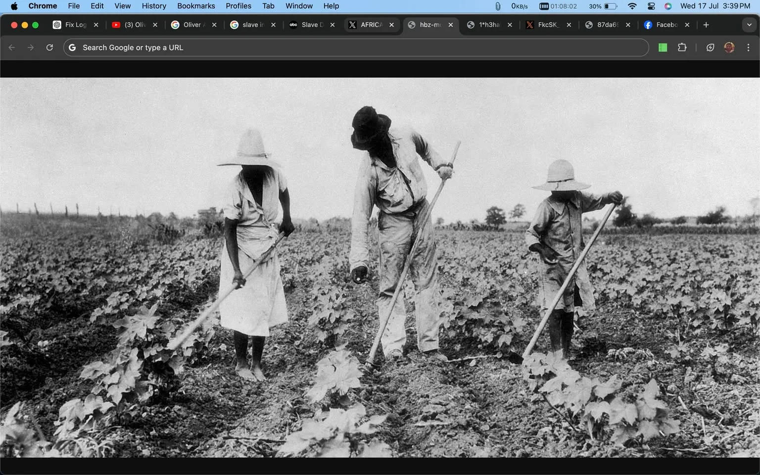 The image depicts a historical black and white photograph of three individuals working in a field, suggesting a setting from the past. The individuals, two adults and one child, are engaged in agricultural labor, likely hoeing or tending to the plants around them. The adults are wearing broad-brimmed hats, with one of the adults dressed in a long dress and the other in pants and a shirt. The child is also wearing a hat and appears to be assisting in the work. The field is expansive, filled with rows of crops, and the scene is under natural daylight, indicating it's likely taken during the day. The background includes a fence line and some distant trees, adding to the rural and historical atmosphere of the photograph. The composition focuses on the laborious task, emphasizing the physical work involved in farming. The monochrome style contributes to the vintage feel, highlighting the timelessness and challenges of agricultural labor during that era.
- Title: "Fix Log"
- Site / app: "Chrome"