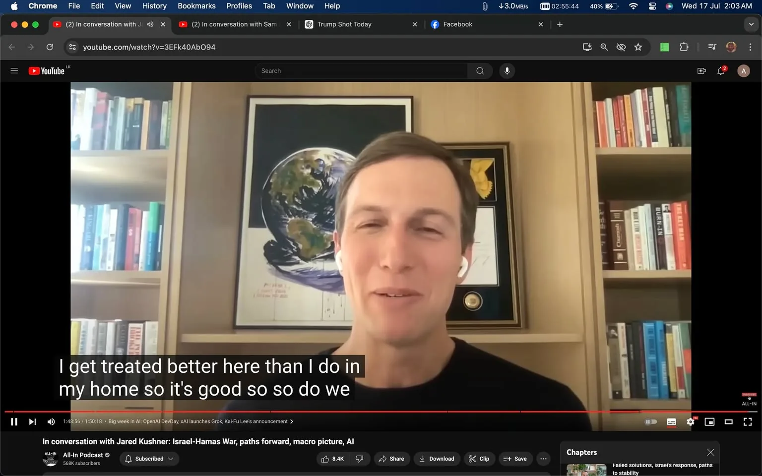 Jared Kushner is featured in a video frame from the "All-In Podcast" on YouTube. He appears to be engaged in a video call, as suggested by his use of white earbuds. Kushner is positioned centrally and is wearing a dark top, contributing to the relaxed yet professional atmosphere of the interview. The background is a home office or study setting with bookshelves on either side, filled with a variety of books that add intellectual depth to the scene. A framed picture of Earth can be seen behind him, alongside a display of awards, suggesting the setting is both personal and professional. The lighting is bright, which highlights Kushner's facial expressions, making him appear approachable and engaged. The on-screen caption captures him humorously commenting on his treatment compared to being at home, adding a personal touch to the discussion. The YouTube interface is visible, featuring tabs and controls typical of this platform.
- Title: "In conversation with Jared Kushner: Israel-Hamas War, paths forward, macro picture, AI"
- Channel / profile: "All-In Podcast"
- Site / app: "YouTube"
- Captions / subtitles: "I get treated better here than I do in my home so it's good so so do we"
