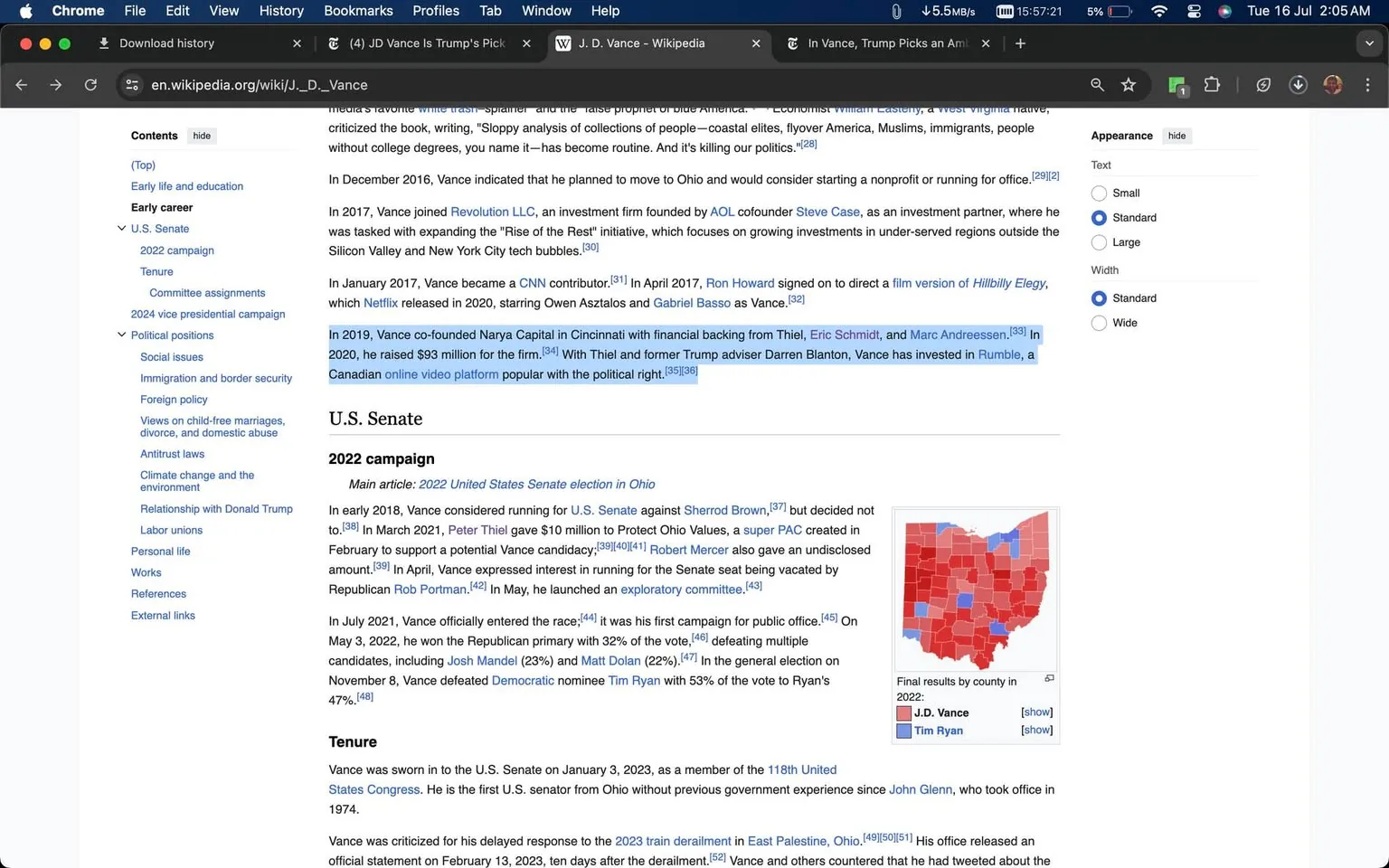 The screenshot shows a Wikipedia page focused on J.D. Vance, primarily detailing his political career and business ventures. The text highlights key events, such as J.D. Vance co-founding Narya Capital with backing from notable figures like Thiel and Eric Schmidt, and his investment in Rumble. It also covers his U.S. Senate campaign, noting his entry into politics in early 2021 and subsequent victory in the 2022 election against Tim Ryan. The page includes a map illustrating the election results by county, with color-coded sections indicating the outcomes for Vance and Ryan. The interface displays the Wikipedia layout, with a sidebar containing various sections like "Early career" and "U.S. Senate." The interface is typical of a desktop browsing environment, with menu options visible at the top, such as "Edit" and "View history." The page is viewed using the Chrome browser, as indicated by the tab and address bar settings. The lighting is bright and neutral, typical of a digital screen.