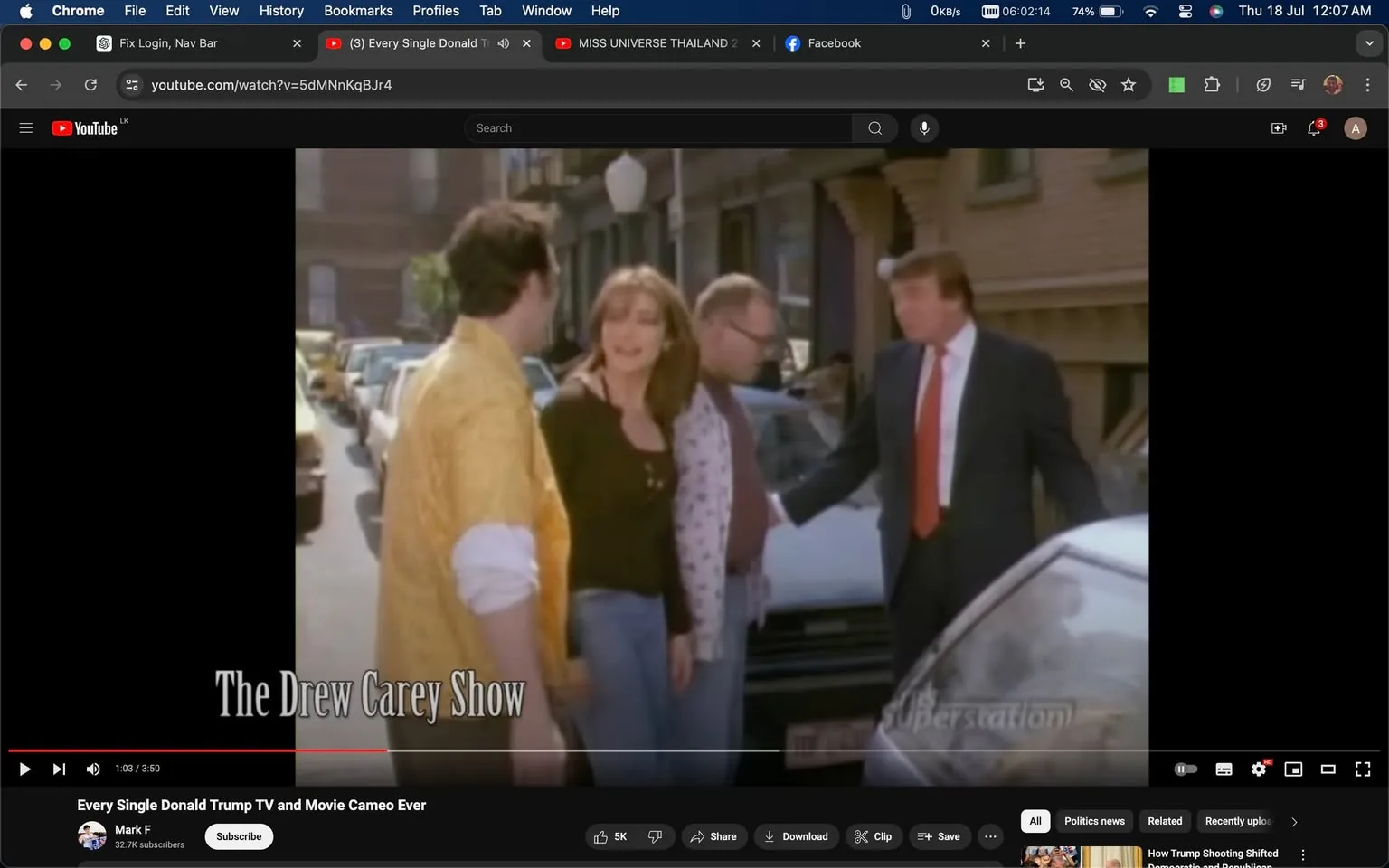 In this screenshot from a YouTube video titled "Every Single Donald Trump TV and Movie Cameo Ever" on the channel "Mark F," a scene from "The Drew Carey Show" is depicted. The setting is outdoors on a city street with several parked cars visible in the background. In the image, a group of four people is engaged in conversation. One of the individuals is identified as Donald Trump, who is wearing a suit with a red tie, standing on the right side. The others appear to be actors from the show, with one wearing a yellow shirt and another in a cardigan, while a woman stands between them, dressed casually in a dark top and jeans. The mood seems lively and conversational. The text "The Drew Carey Show" is overlaid at the bottom left of the image, indicating the source of the scene. The lighting is natural, suggesting daytime.